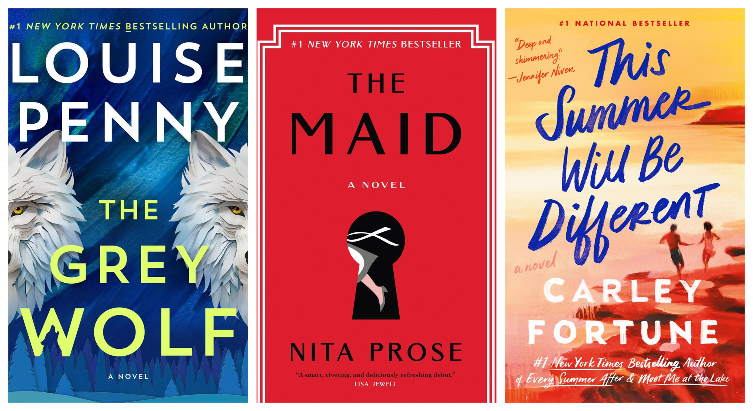 Book cover images for The Grey Wolf by Louise Penny, The Maid by Nita Prose, and This Summer Will Be Different by Carley Fortune.