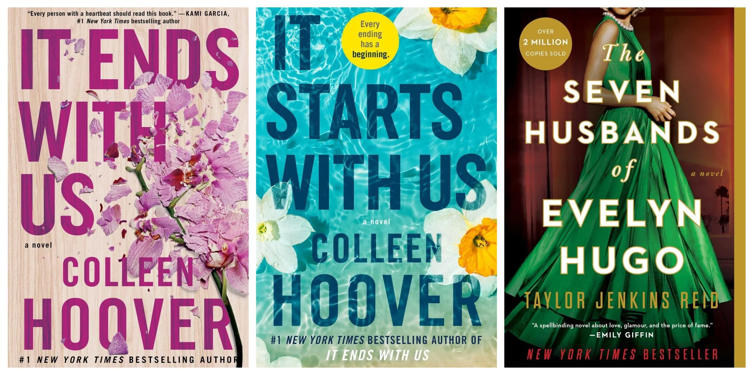 Collage of covers of It Ends with Us by Colleen Hoover, It Starts with Us by Colleen Hoover, and The Seven Husbands of Evelyn Hugo by Taylor Jenkins Reid 