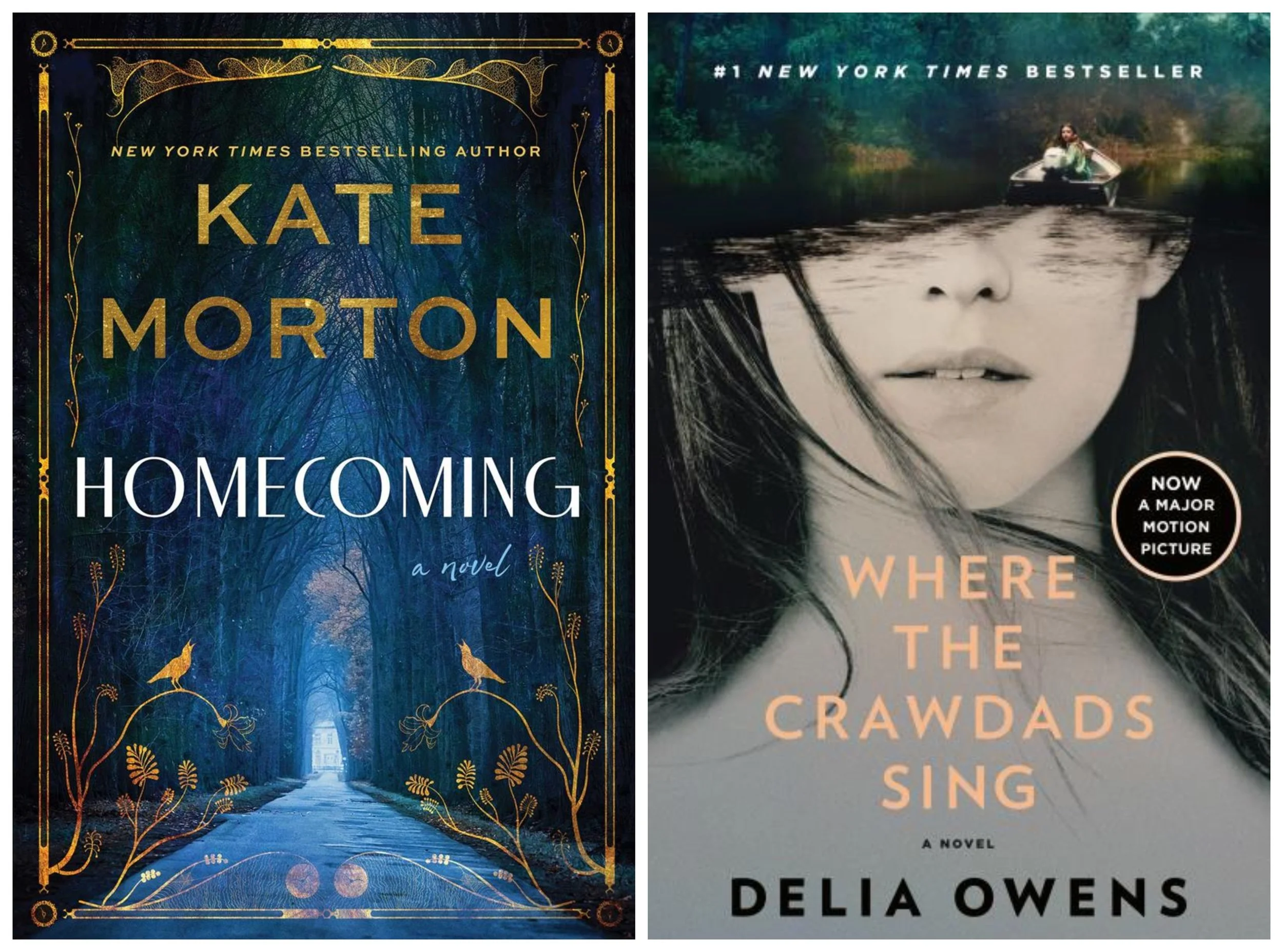 Cover of Homecoming by Kate Morton and Where the Crawdads Sing by Delia Owens