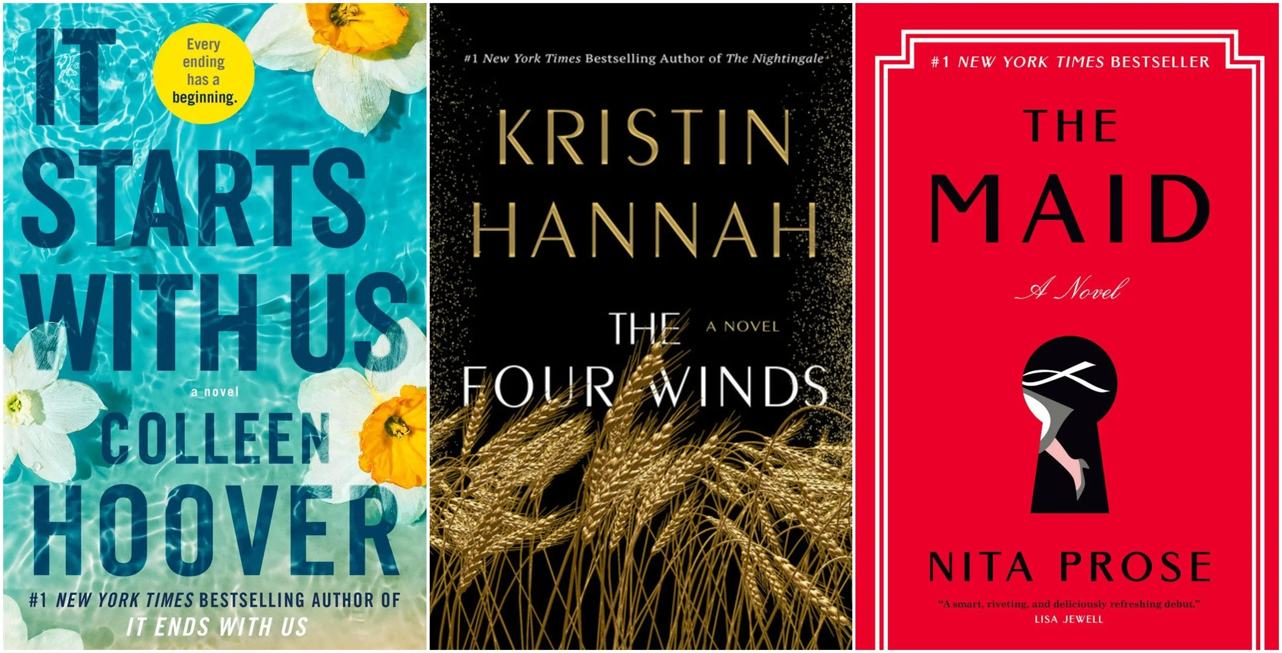 Collage of covers of It Starts with Us by Colleen Hoover, The Four Winds by Kristin Hannah, and The Maid by Nita ProseCollage of covers of It Starts with Us by Colleen Hoover, The Four Winds by Kristin Hannah, and The Maid by Nita Prose