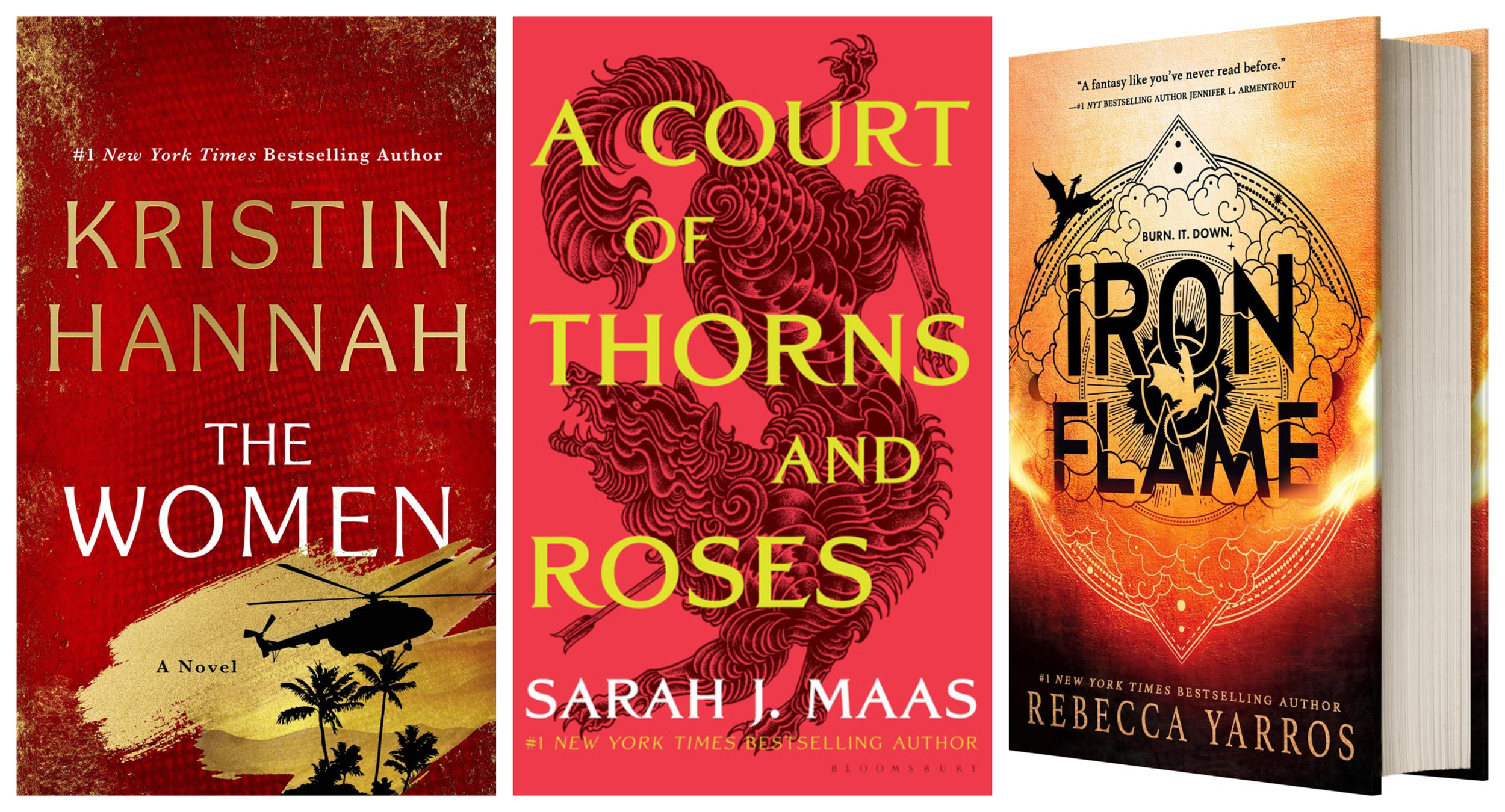 Collage of covers of The Women by Kristin Hannah, A Court of Thorns and Roses by Sarah J. Maas, Iron Flame by Rebecca Yarros.