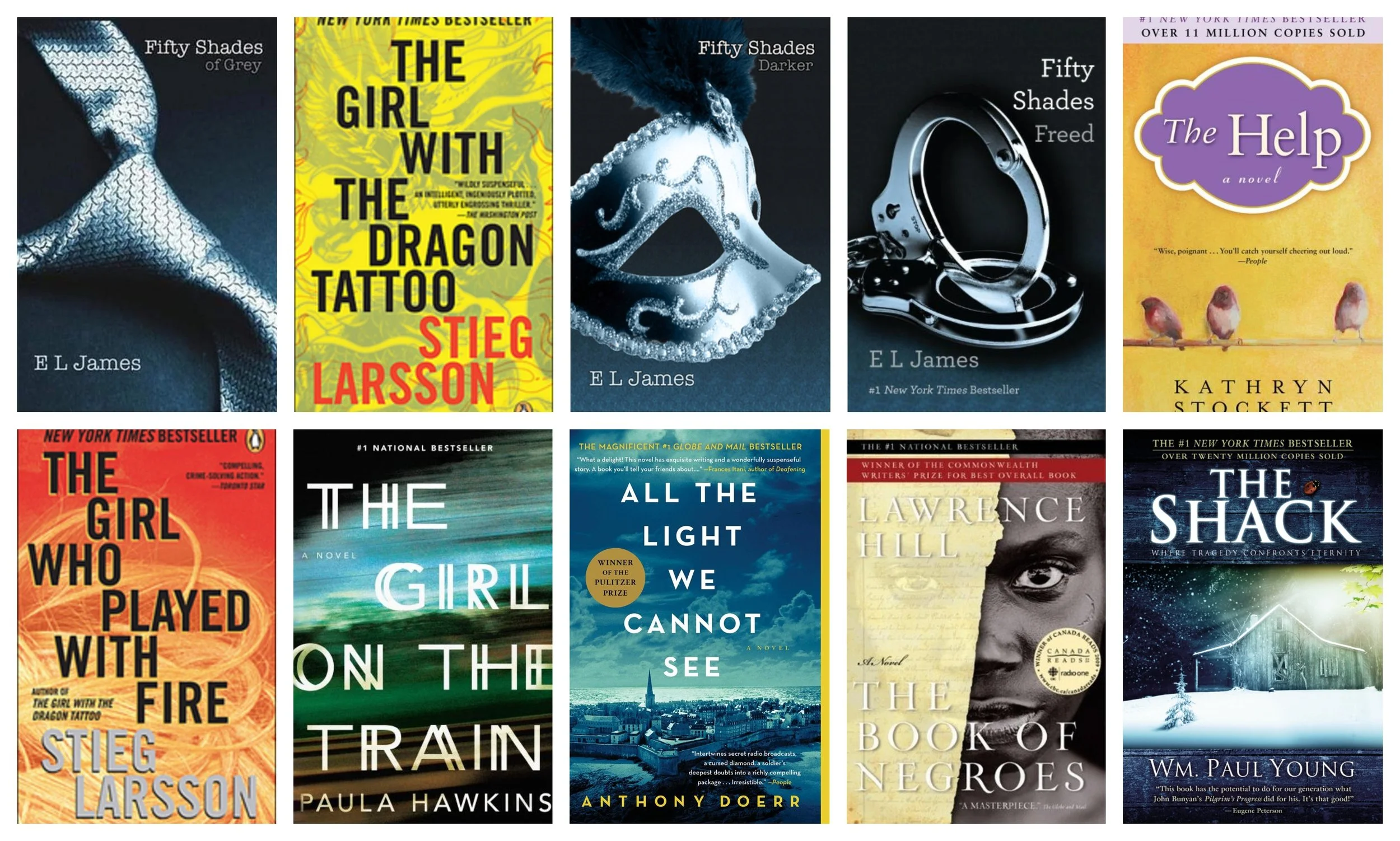 Collage of covers of the top 10 Fiction titles sold in Canada since SalesData started tracking sales of print books in the English-language market