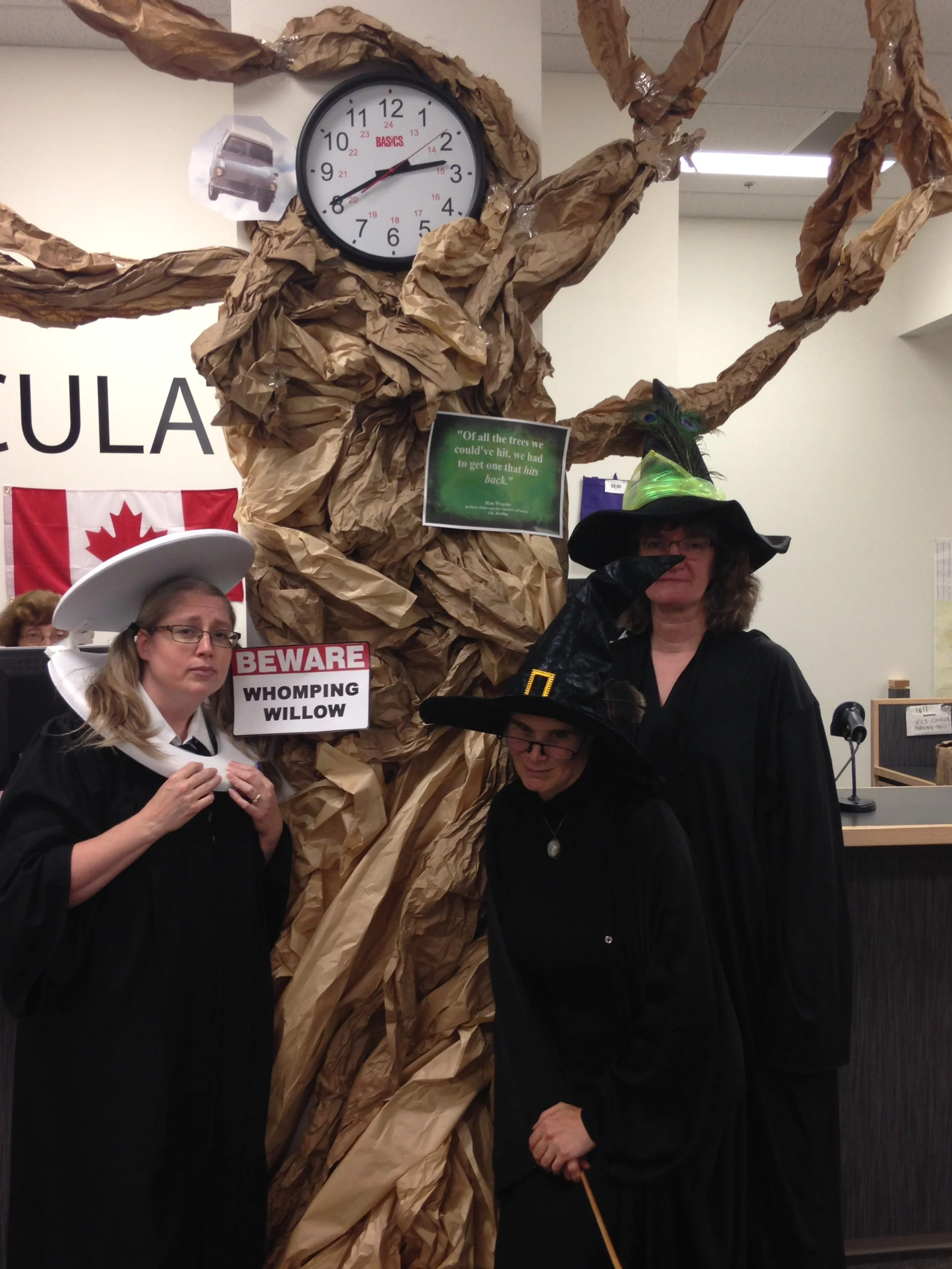 Three Peterborough Public Library staffers wearing Harry Potter related costumes