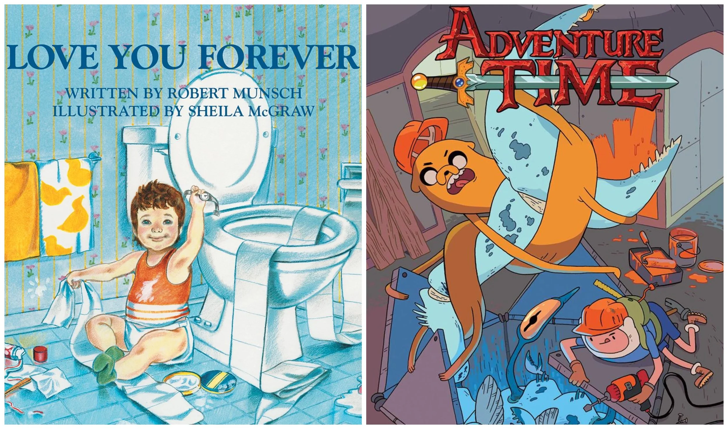 Covers of Love You Forever by Robert Munsch, illustrated by Sheila McGraw and Adventure Time series by Pendleton Ward, Kate Leth, et al.