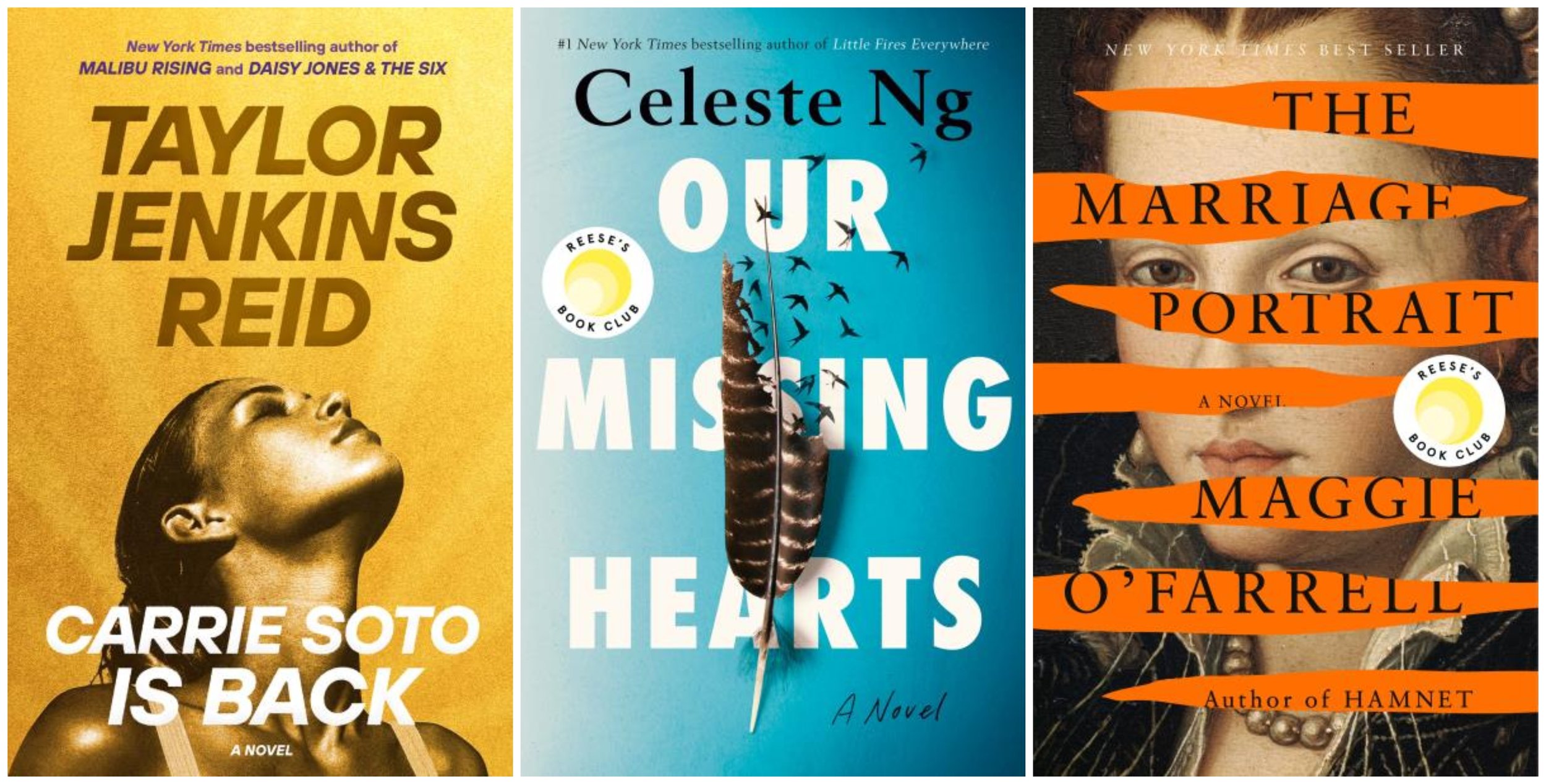 Collage of covers of Carrie Soto Is Back by Taylor Jenkins Reid, Our Missing Hearts by Celeste Ng, and The Marriage Portrait by Maggie O'Farrell