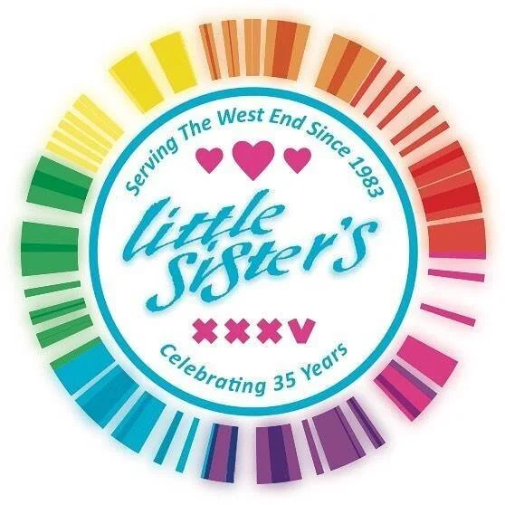 Little Sister's logo. The outer circle is a rainbow and the inner circle says Serving the west end since 1983 below that are three hearts and below that says Little Sister's. At the bottom is a pink xxxv and then the words celebrating 35 years.