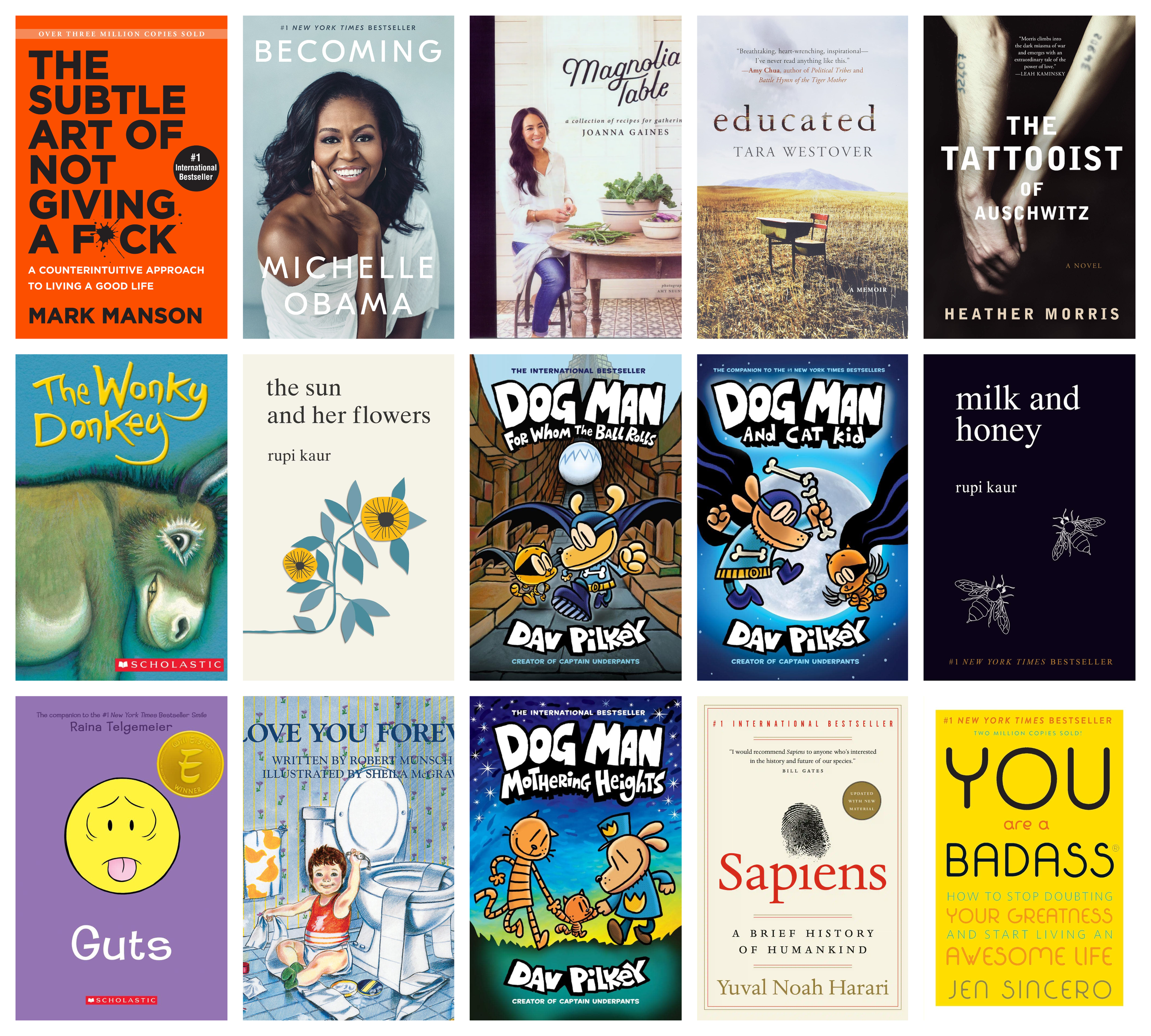 Collage of covers of the 15 bestselling print books in the last five years (2017-2021) in Manitoba