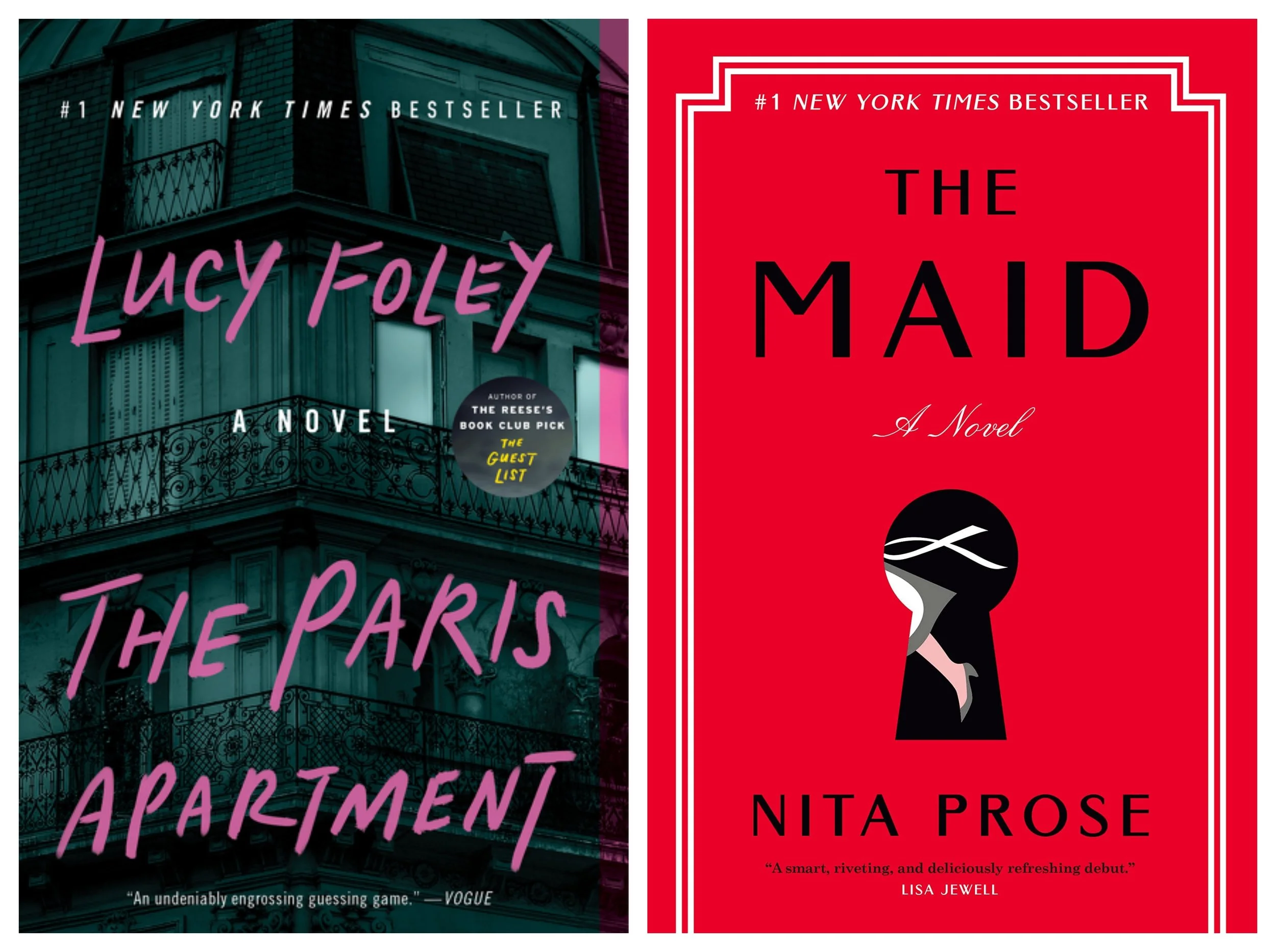 Book covers of The Paris Apartment by Lucy Foley and The Maid by Nita Prose.