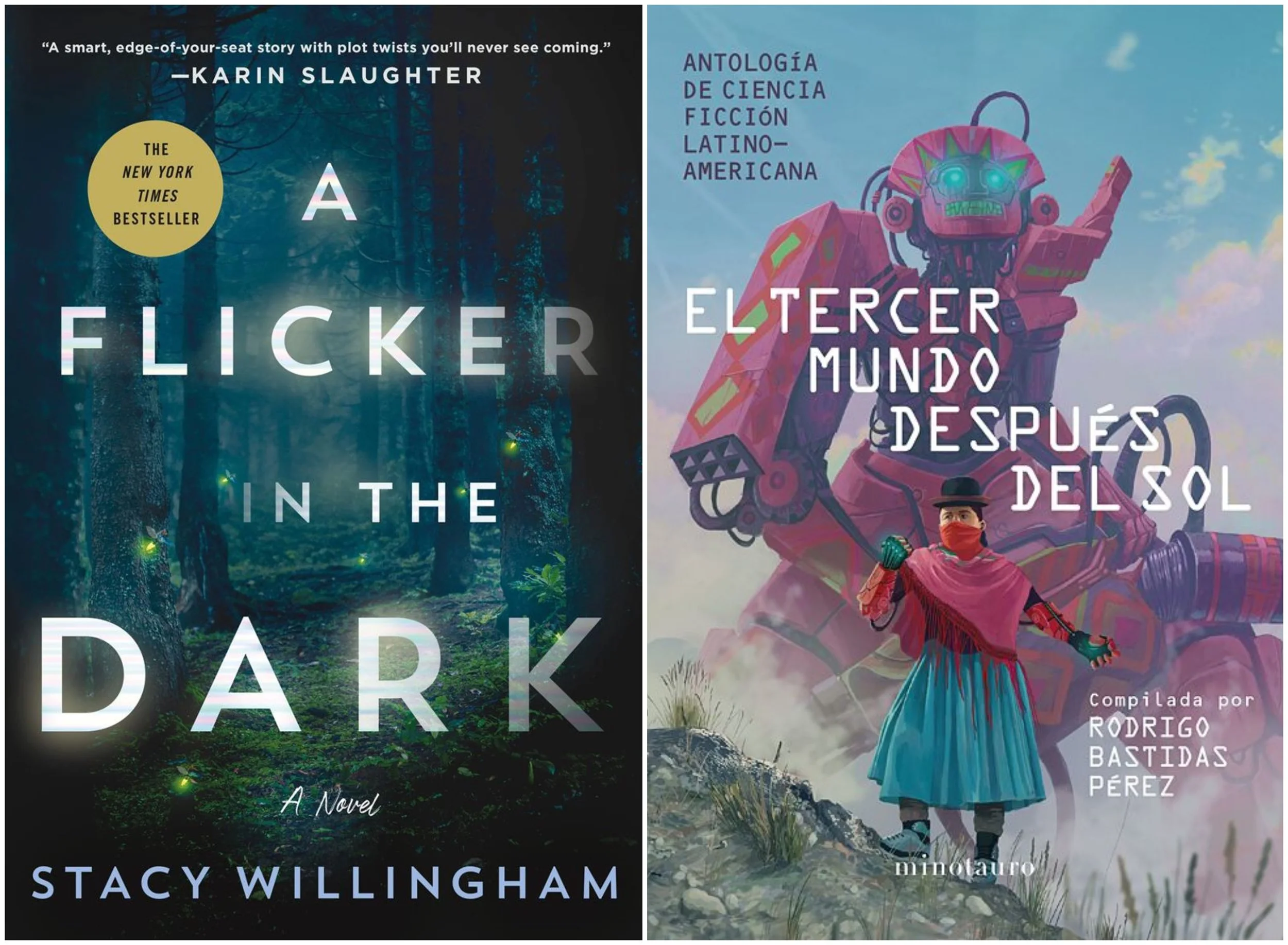 Covers of A Flicker in the Dark by Stacy Willingham and El Tercer Mundo Despues del Sol by Rodrigo Bastidas