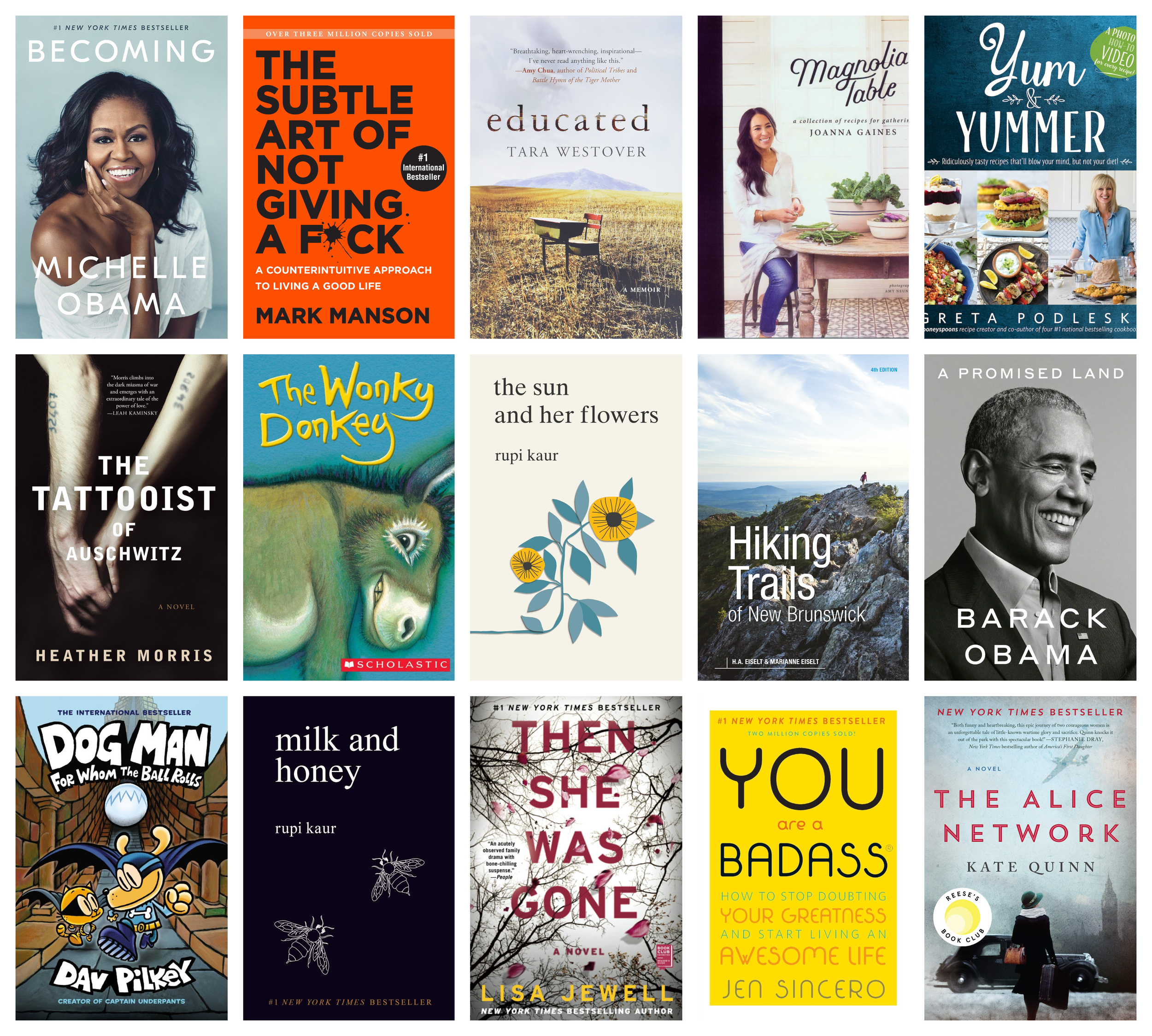 Collage of covers of the 15 bestselling print books in the last five years (2017-2021) in New Brunswick
