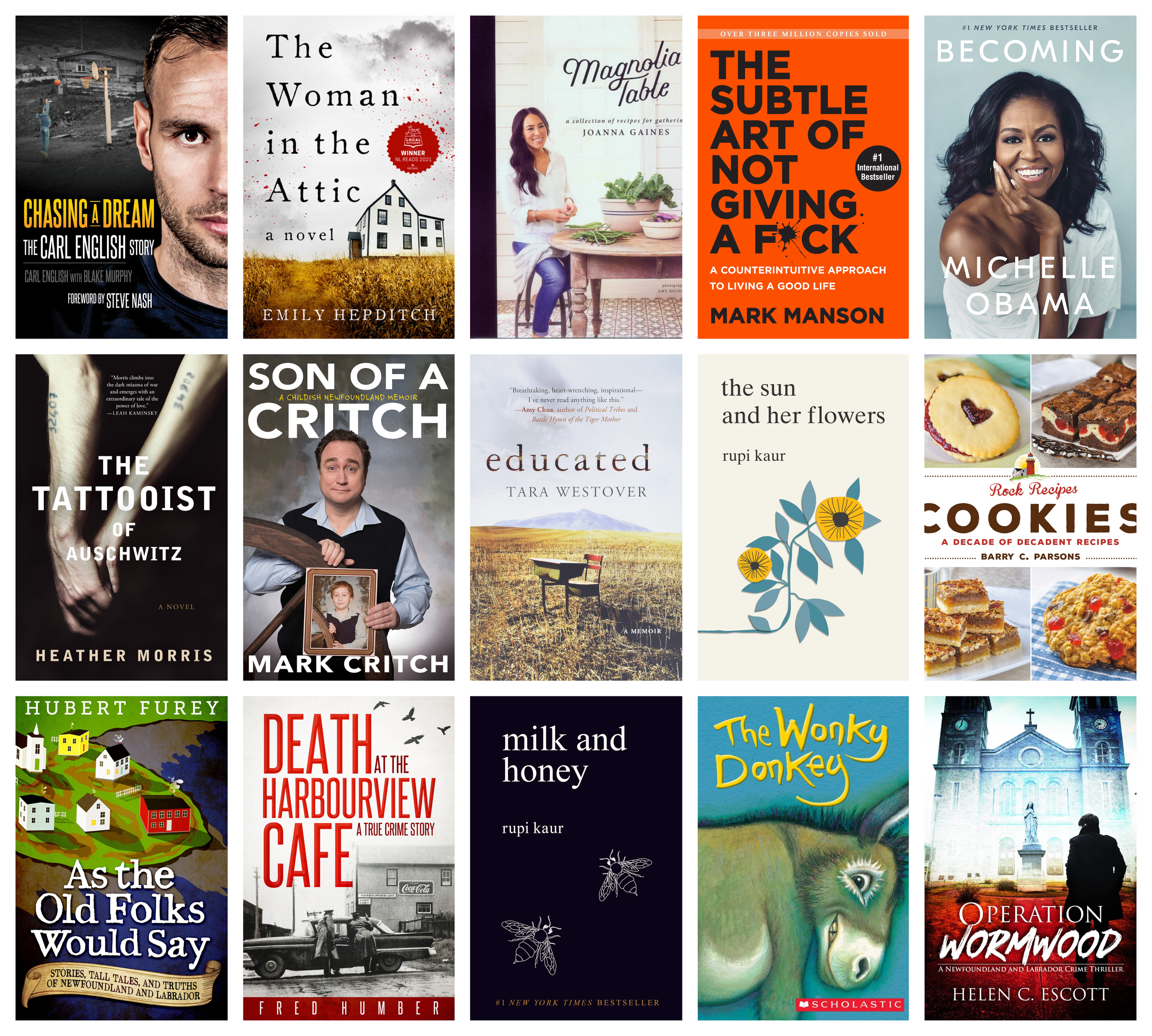 Collage of covers of the 15 bestselling print books in the last five years (2017-2021) in Newfoundland and Labrador