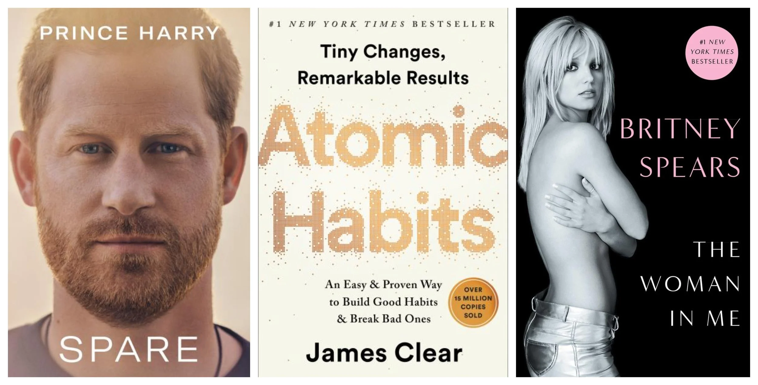 Collage of covers of Spare by Prince Harry, The Duke of Sussex, Atomic Habits by James Clear, The Woman in Me by Britney Spears.