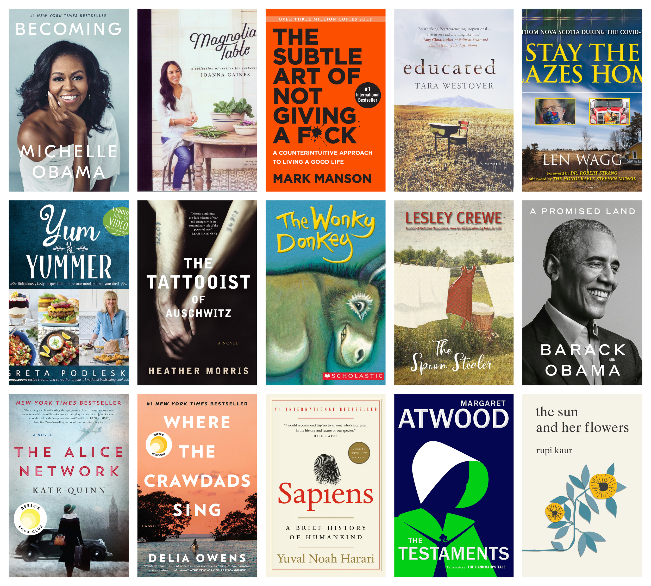 Collage of covers of the 15 bestselling print books in the last five years (2017-2021) in Nova Scotia
