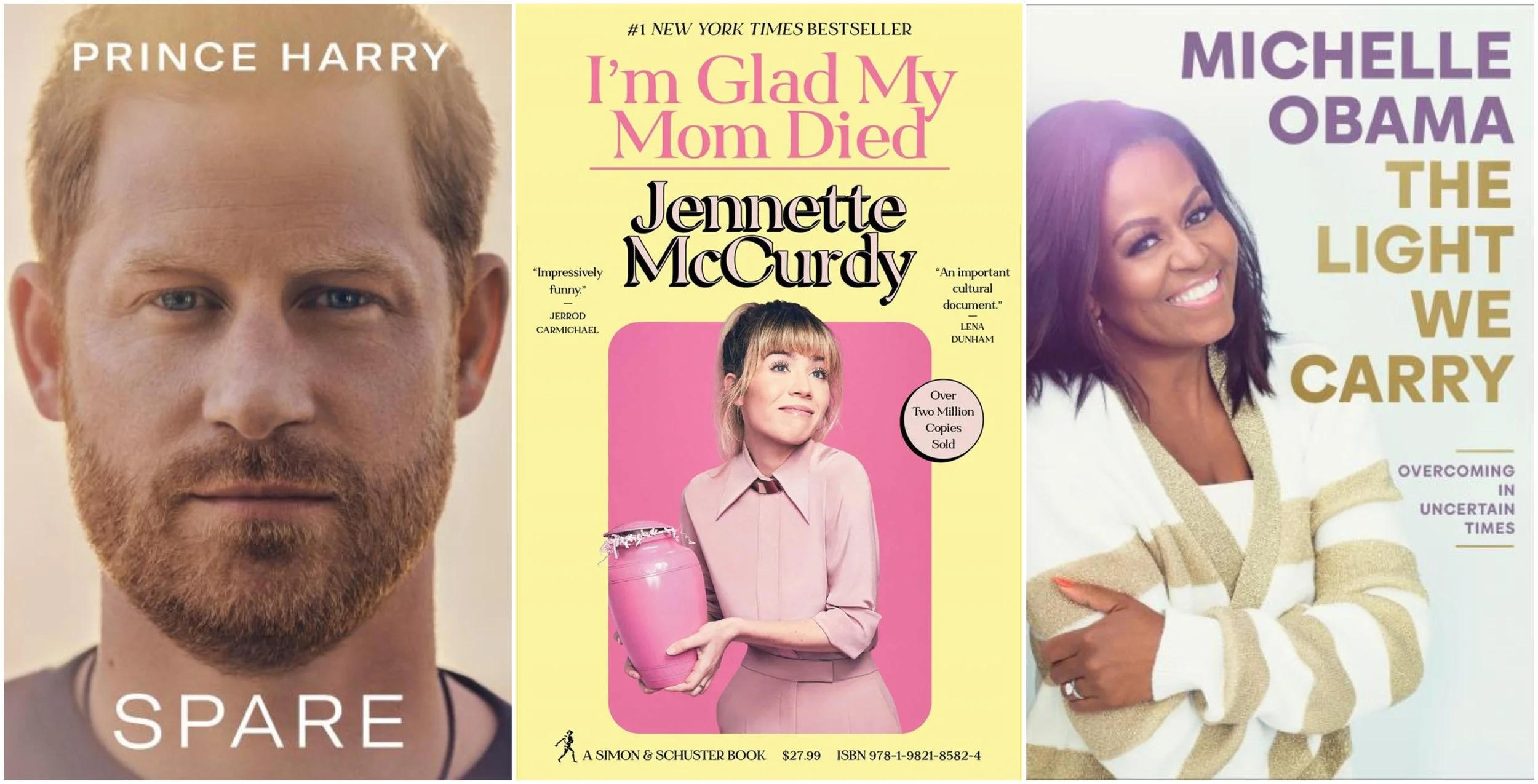 Collage of covers of Spare by Prince Harry, The Duke of Sussex, I'm Glad My Mom Died by Jennette McCurdy, and The Light We Carry by Michelle Obama