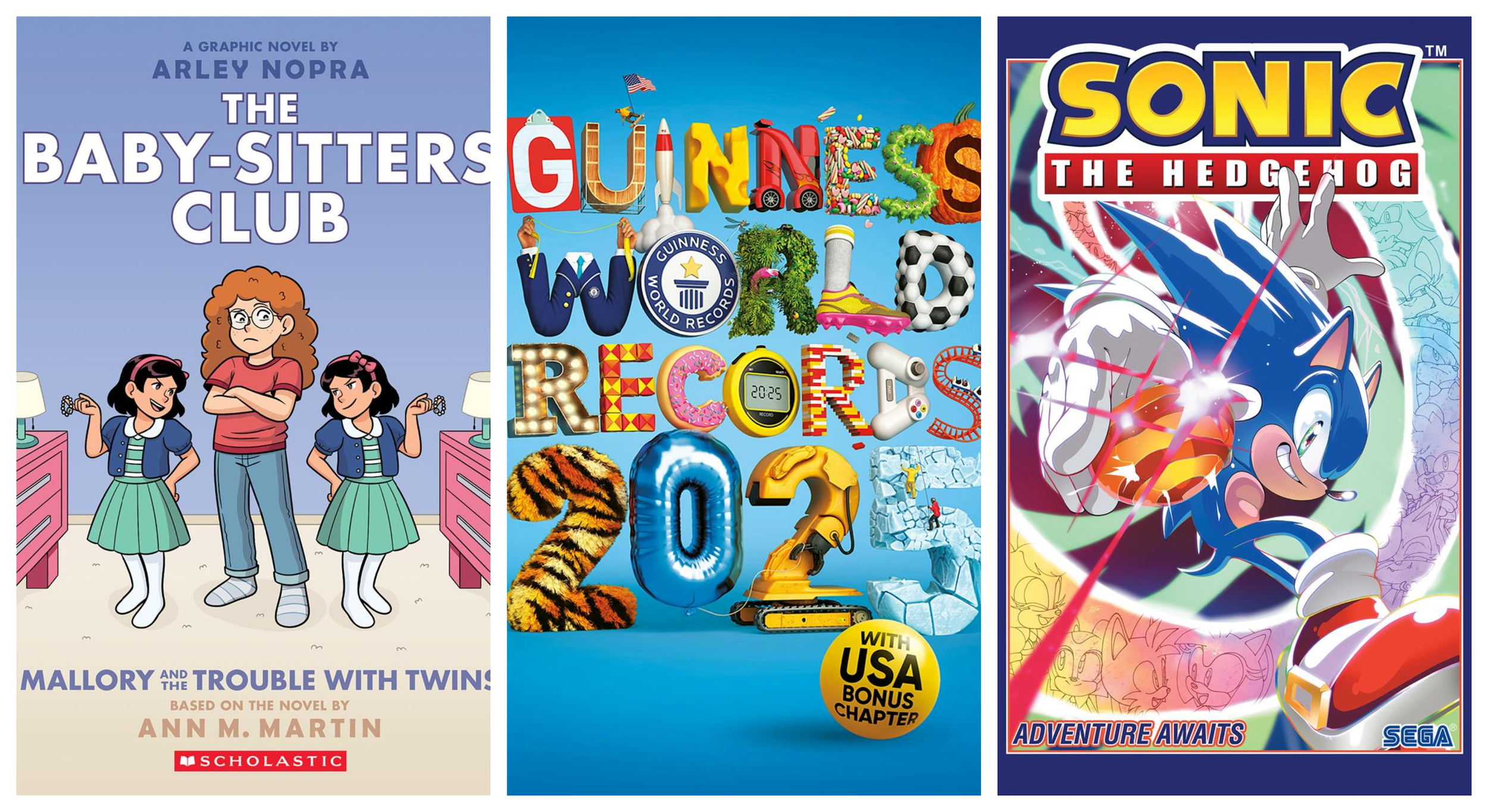 Book cover images for The Baby-sitters Club series by Ann M. Martin, illustrated by Arley Nopra, the Guinness World Records collection, and Sonic the Hedgehog series by Ian Flynn.