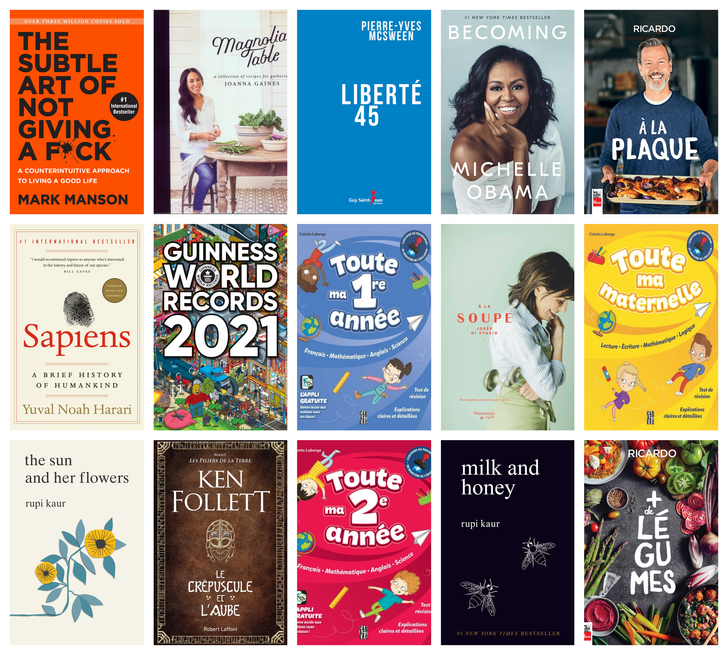 Collage of covers of the 15 bestselling print books in the last five years (2017-2021) in Québec