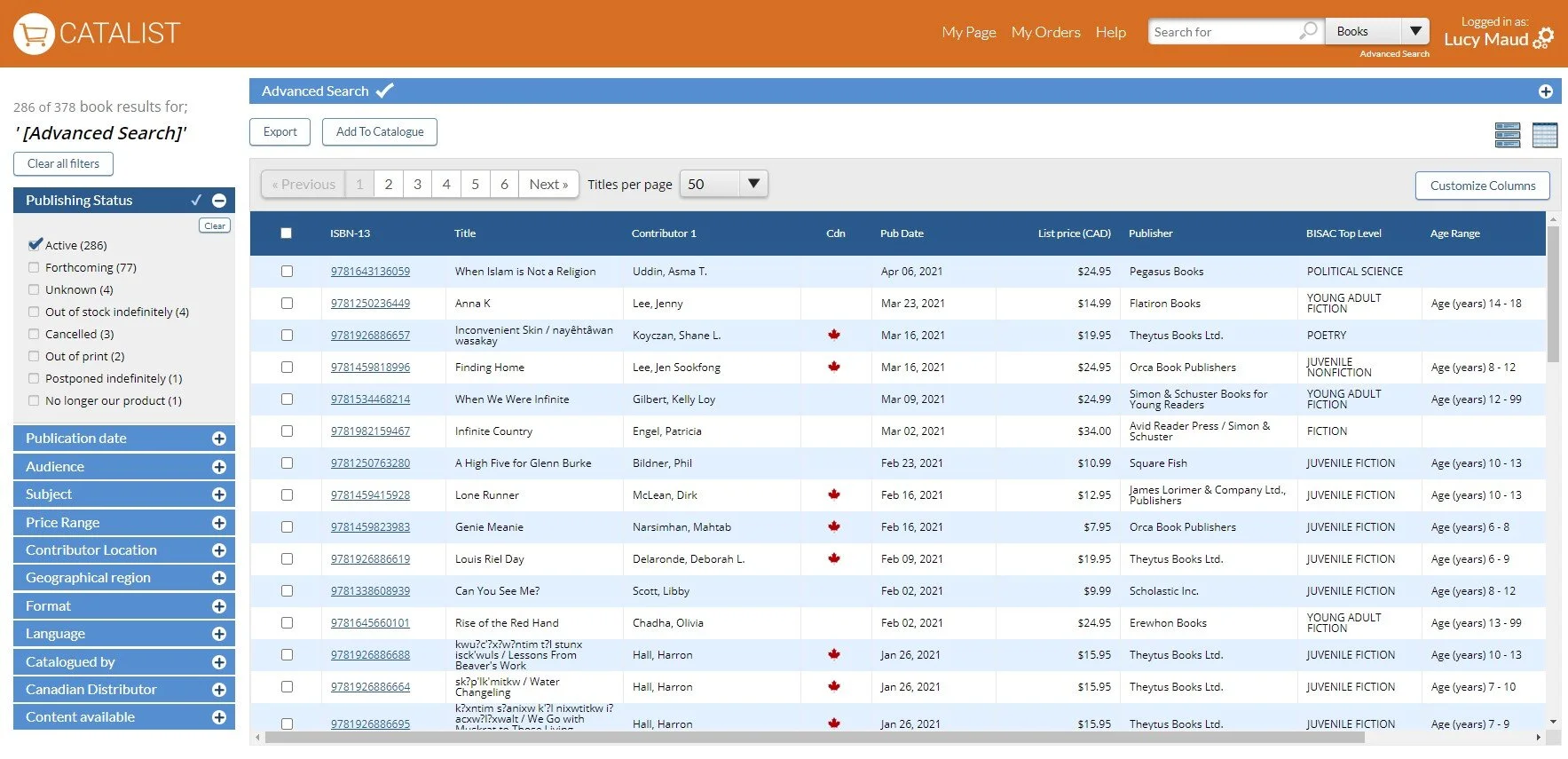 Results list of the search by publisher keyword ‘#OwnVoices’ in CataList’s Advance Search tool