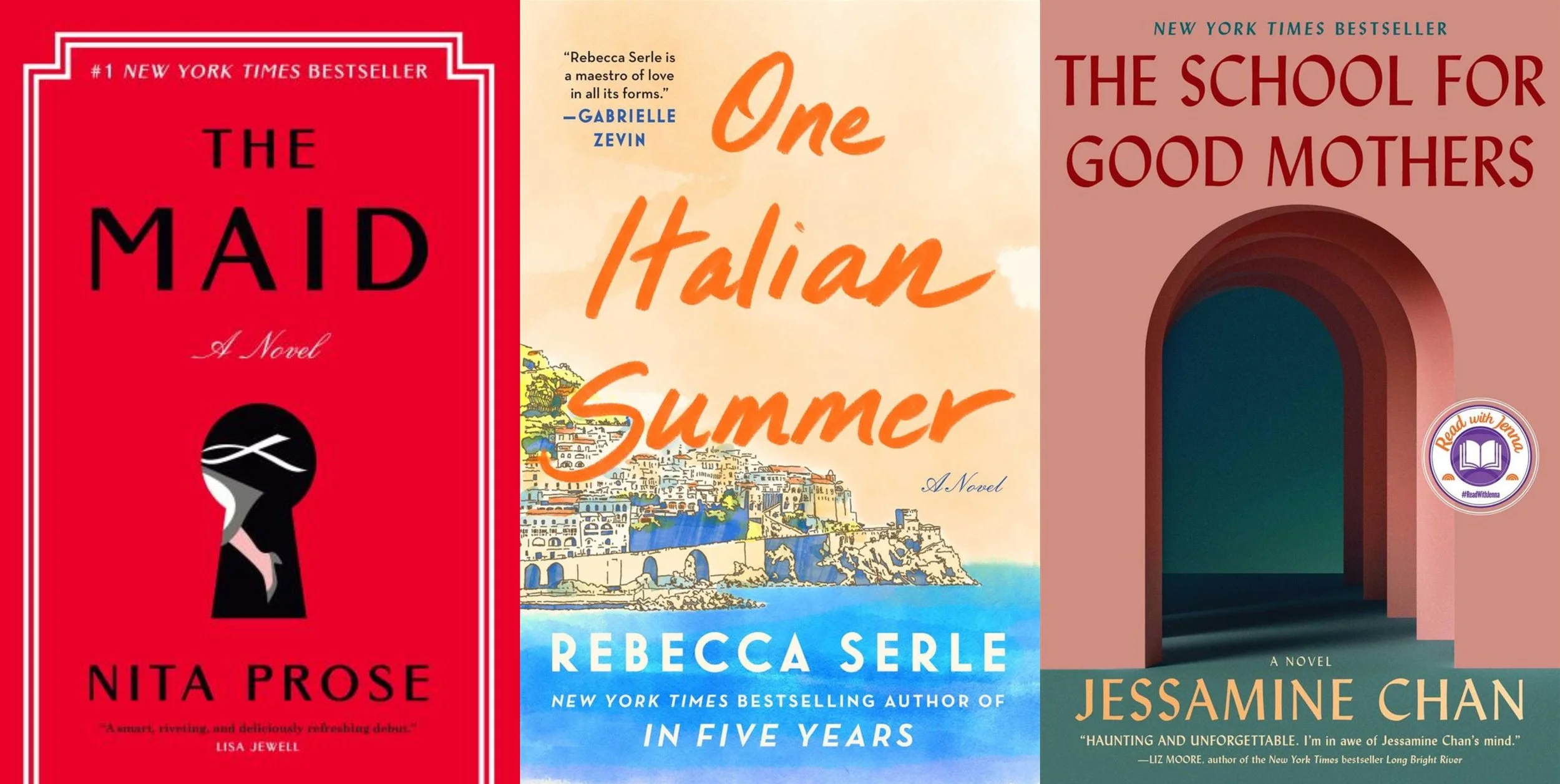 Collage of covers of The Maid by Nita Prose, One Italian Summer by Rebecca Serle, and The School for Good Mothers by Jessamine Chan