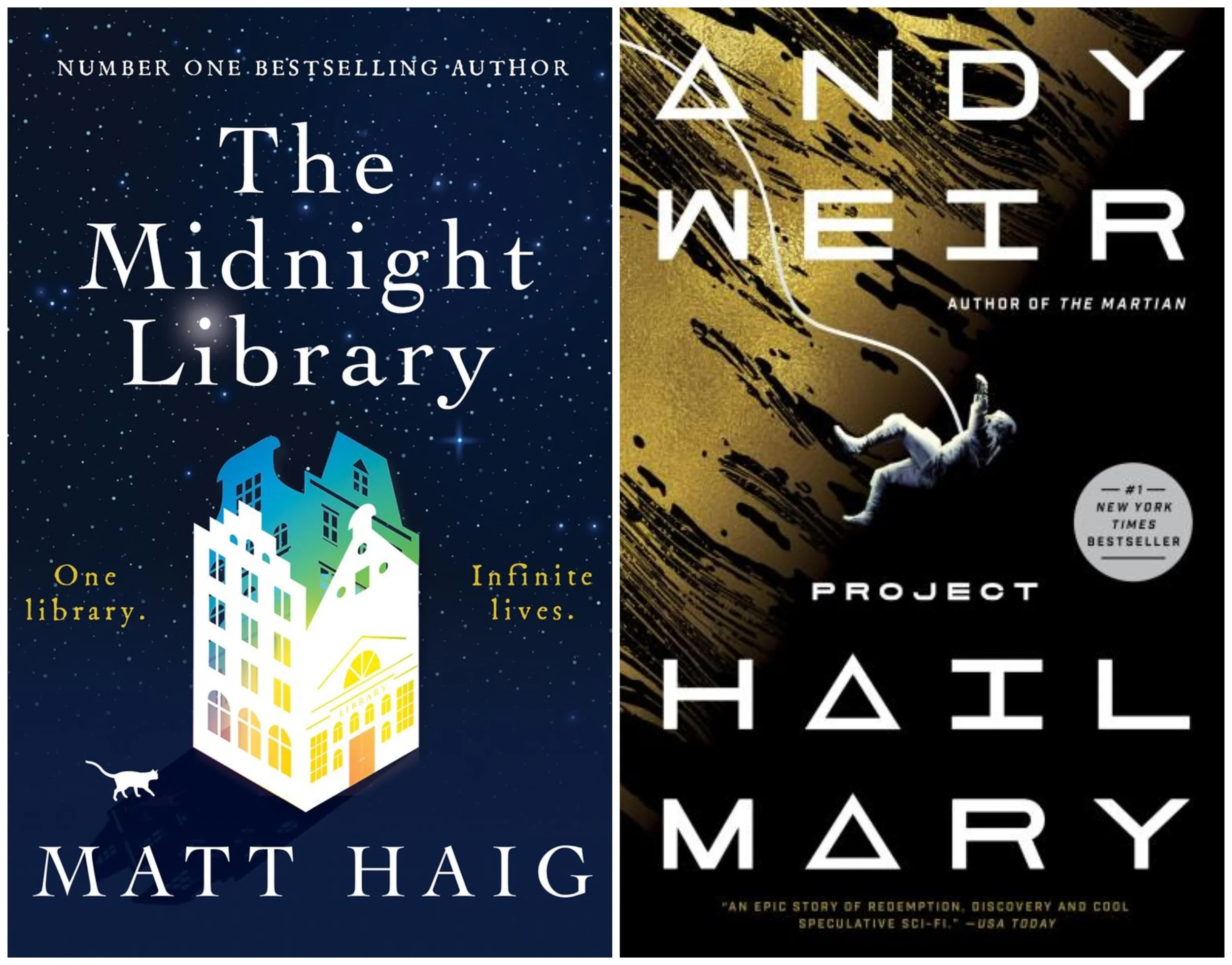 Covers of The Midnight Library by Matt Haig and Project Hail Mary by Andy Weir.