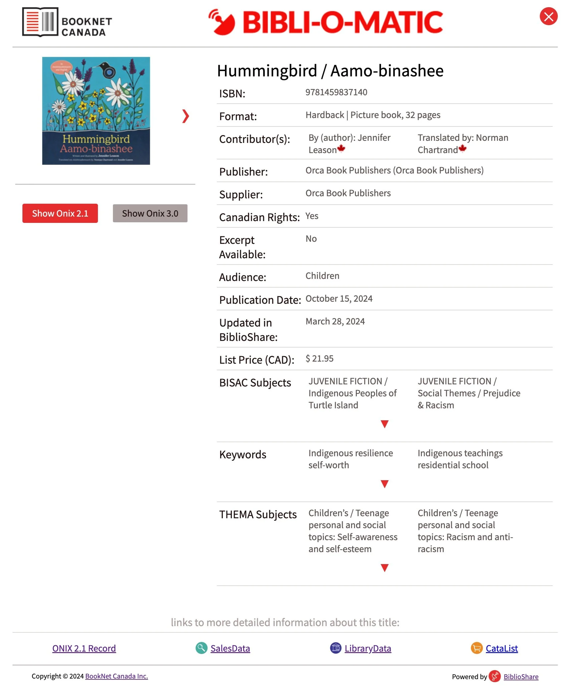 Screen capture of the data displayed on Bibli-O-Matic for Hummingbird By Jennifer Leason