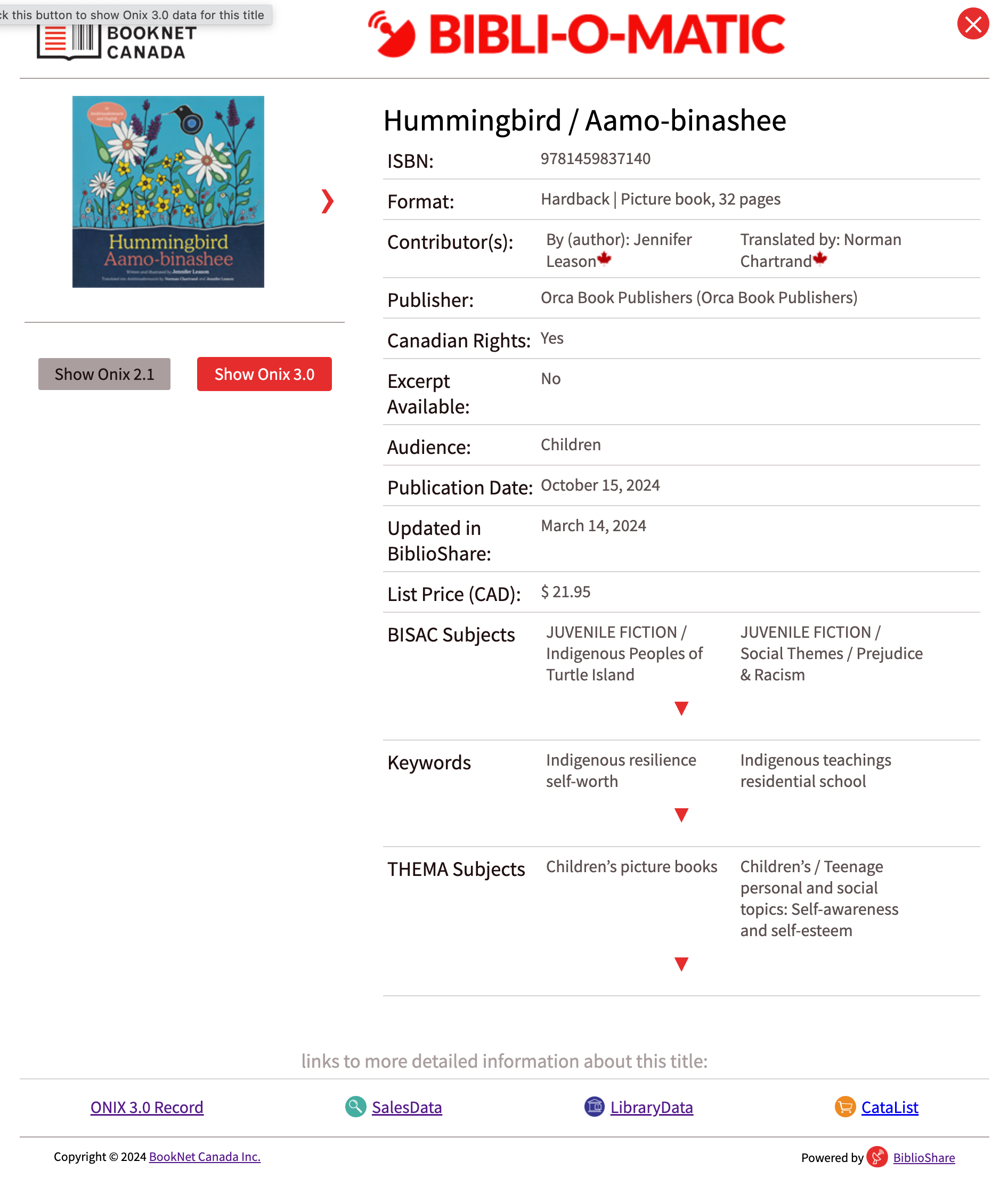 Screen capture of the data displayed on Bibli-O-Matic for Hummingbird By Jennifer Leason