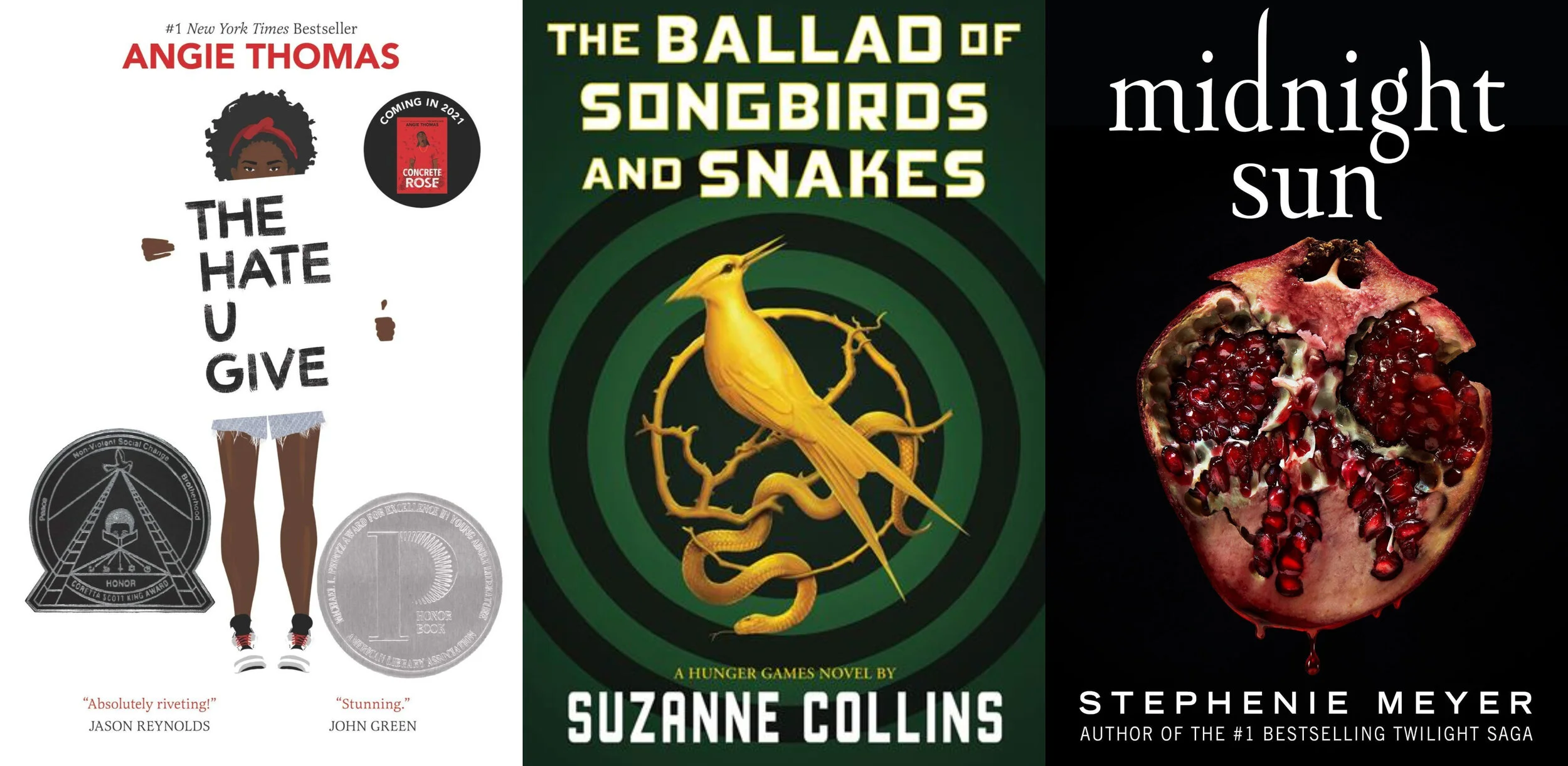 Book covers for The Hate U Give by Angie Thomas, The Ballad of Songbirds and Snakes by Suzanne Collins, and Midnight Sun by Stephenie Meyer