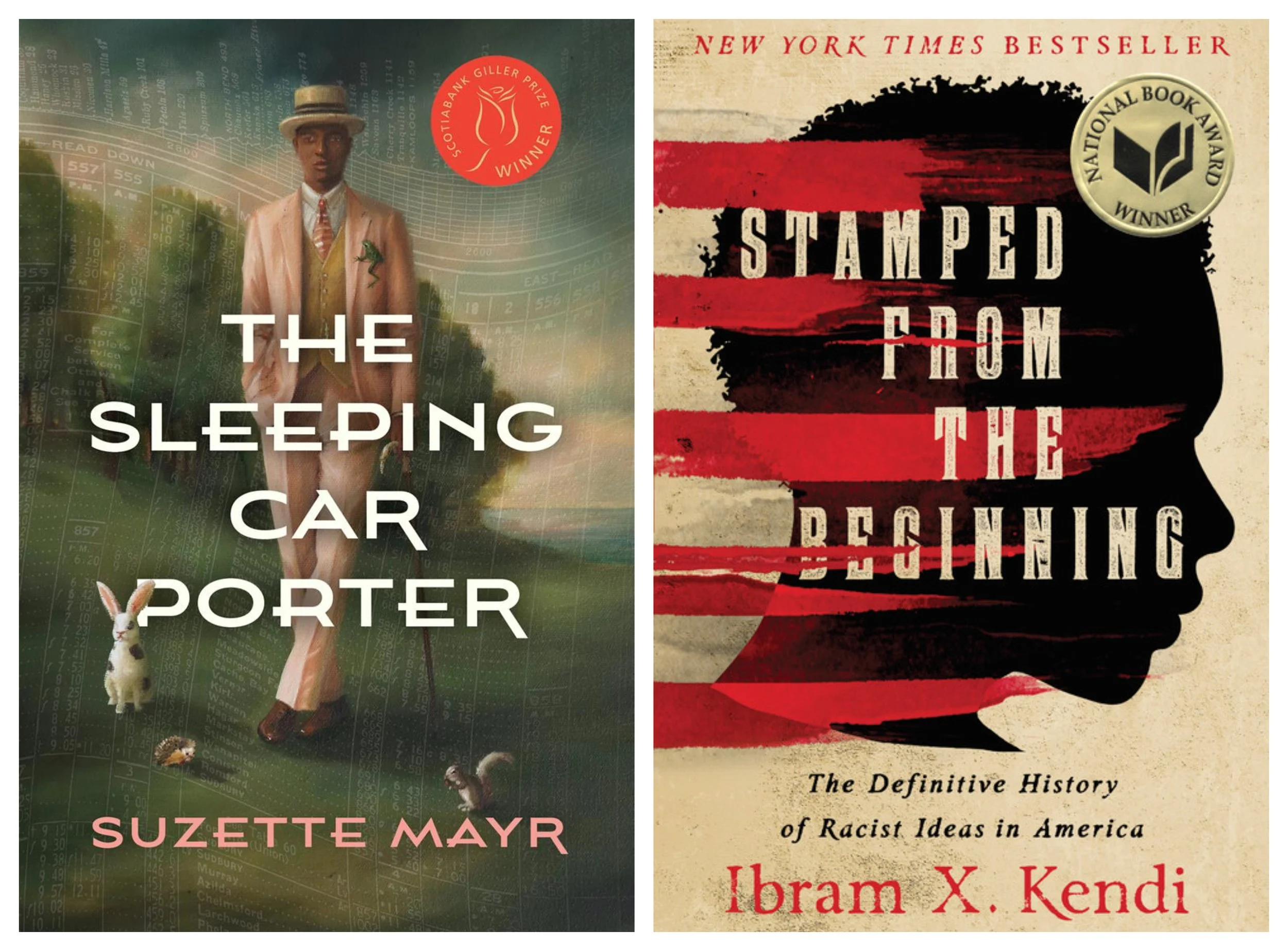 Book covers of The Sleeping Car Porter by Suzette Mayr 🍁 and Stamped from the Beginning by Ibram X. Kendi.
