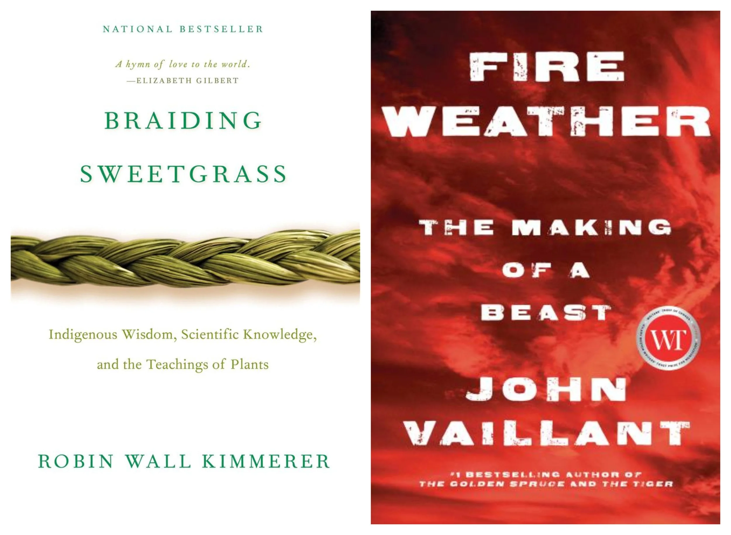 Book Covers: Braiding Sweetgrass by Robin Wall Kimmerer and Fire Weather by John Vaillant