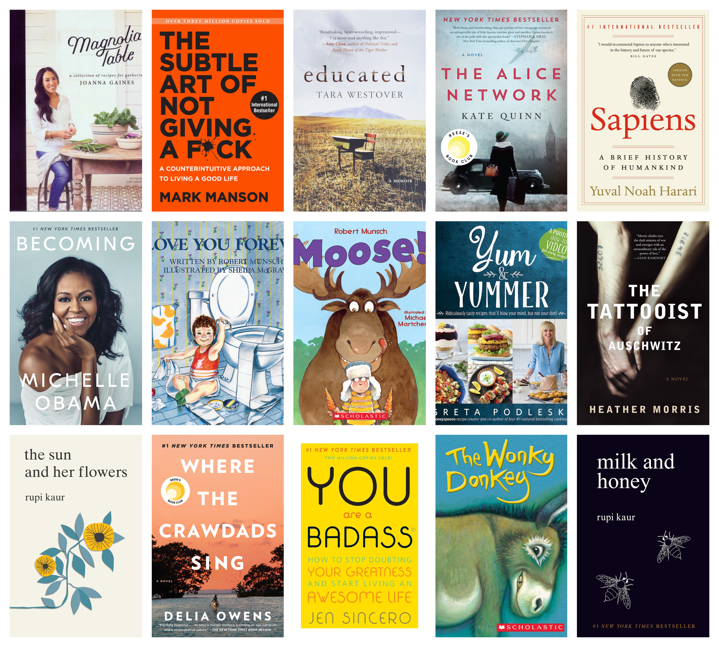 Collage of covers of the 15 bestselling print books in the last five years (2017-2021) in Yukon