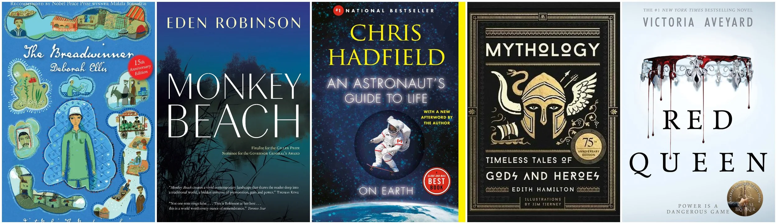 Collage of covers of The Breadwinner by Deborah Ellis, Monkey Beach by Eden Robinson, An Astronaut’s Guide to Life on Earth by Chris Hadfield, Mythology by Edith Hamilton, and Red Queen by Victoria Aveyard