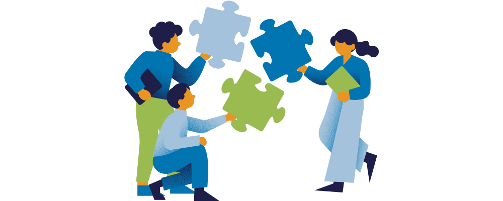 Decorative image. Illustration of three people holding puzzle pieces and trying to put them together.