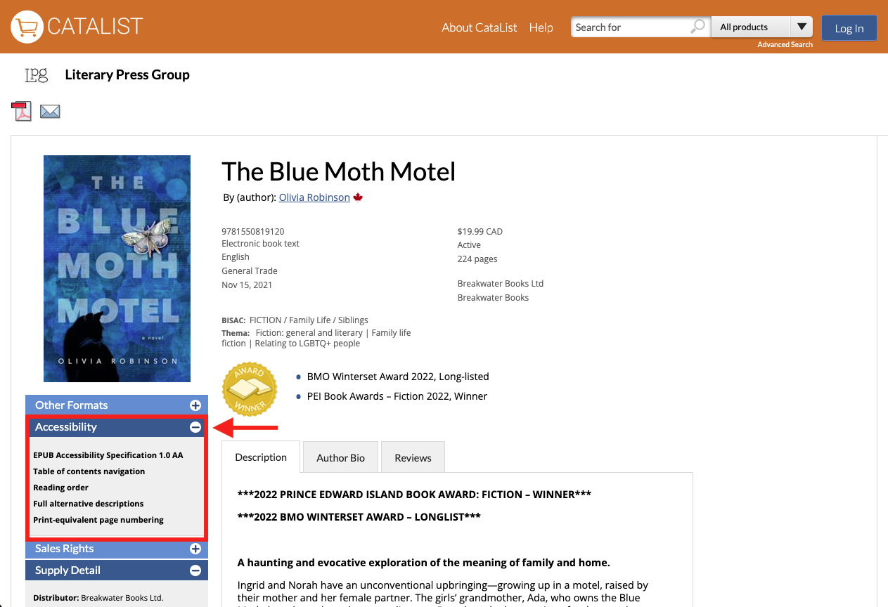 Screen capture from the CataList title page showing where accessibility information is displayed