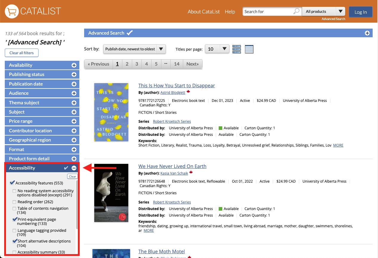Screen capture from the CataList results page showing the Advance research further filtering offered
