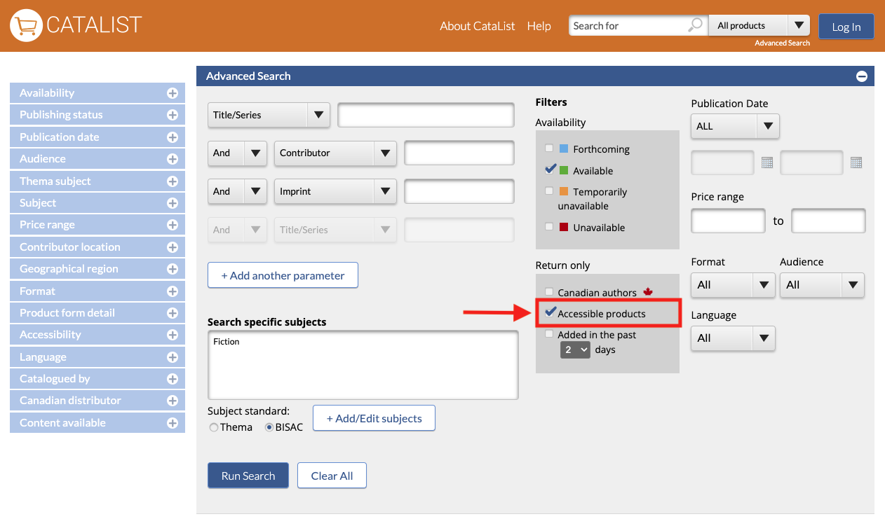 Screen capture from CataList's Advanced Search panel highlighting the Accessible products filter