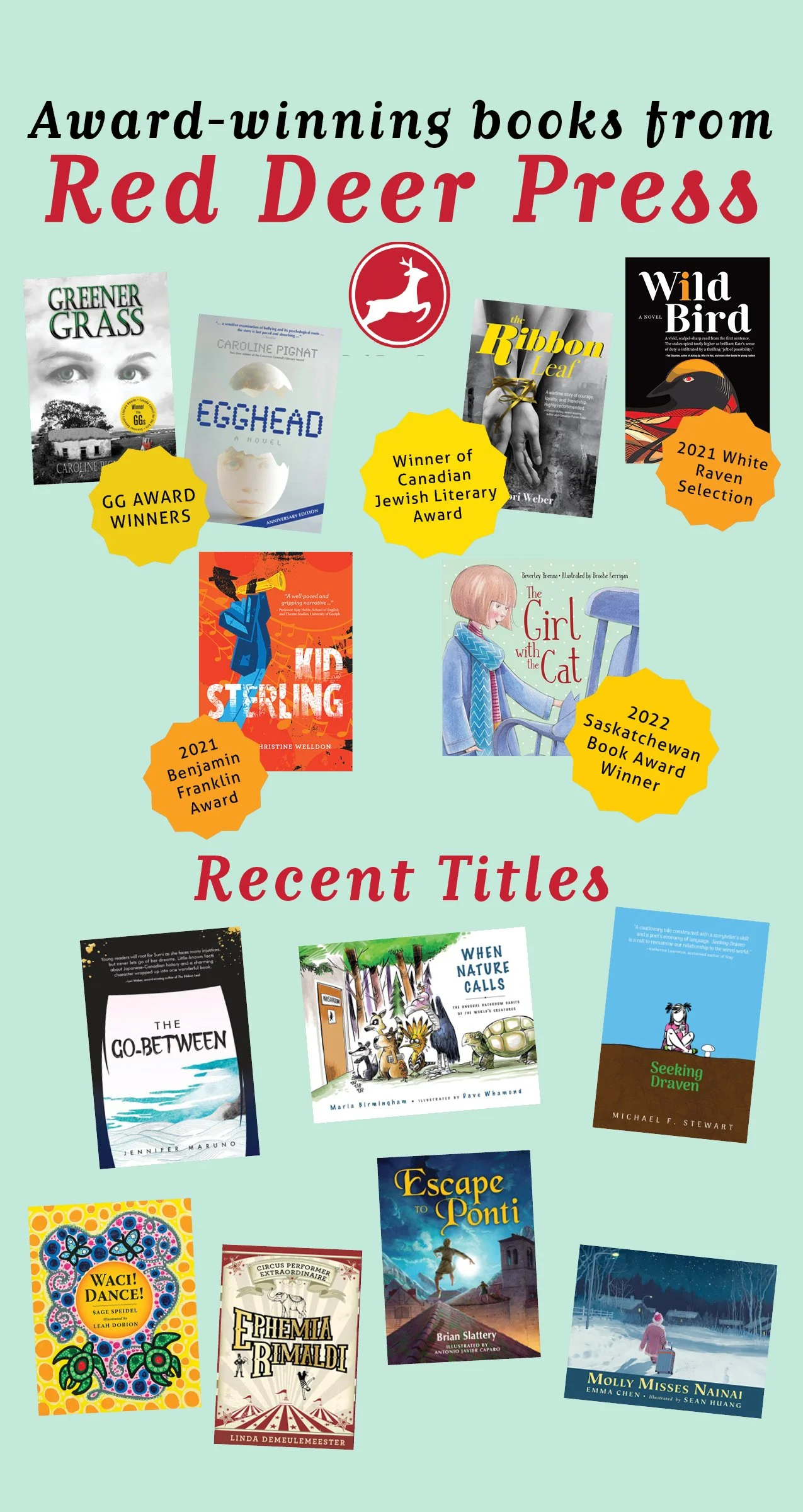 Collage of award-winning books from Red Deer Press and recent titles.