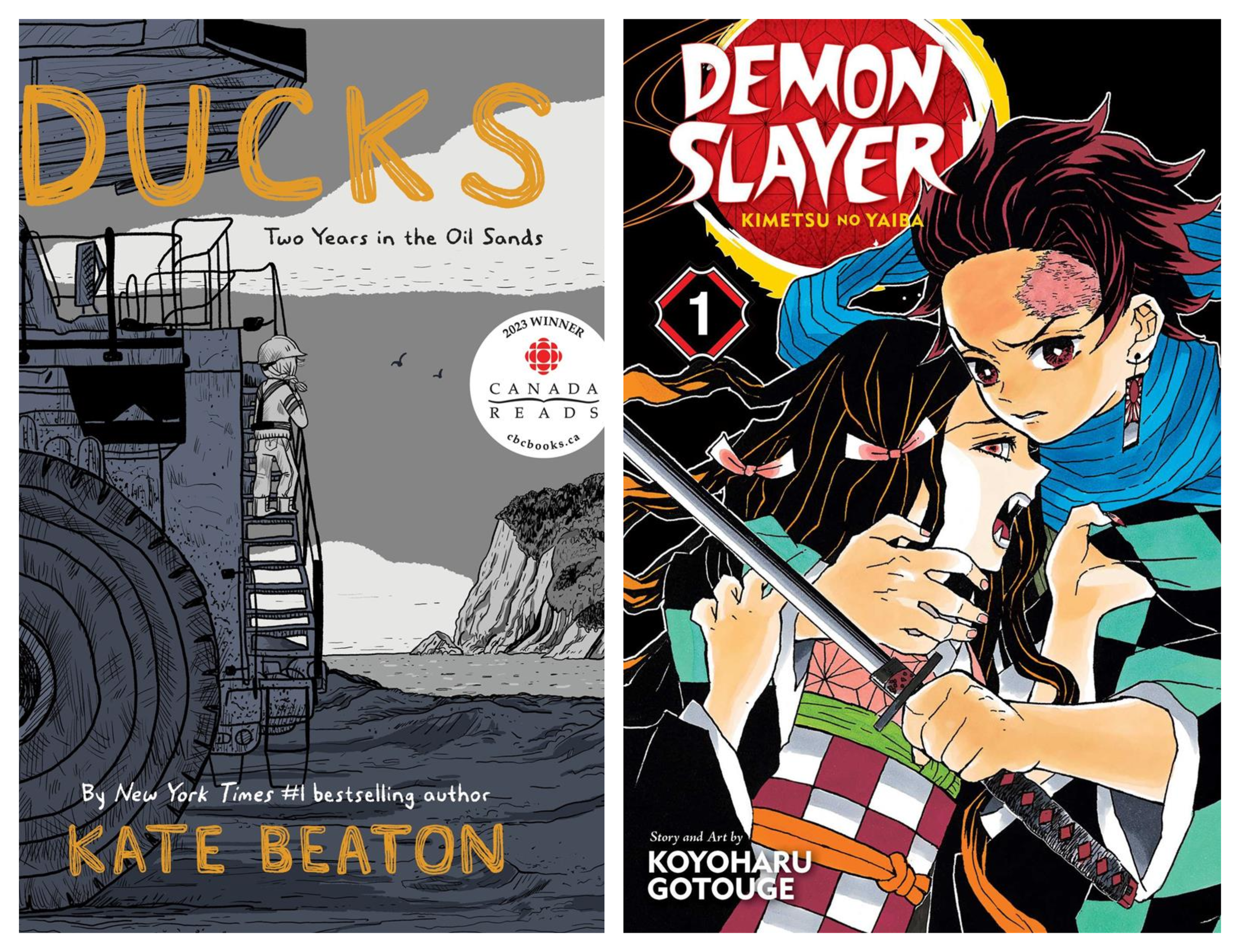 Book covers of Ducks by Kate Beaton and Demon Slayer: Kimetsu no Yaiba by Koyoharu Gotouge.