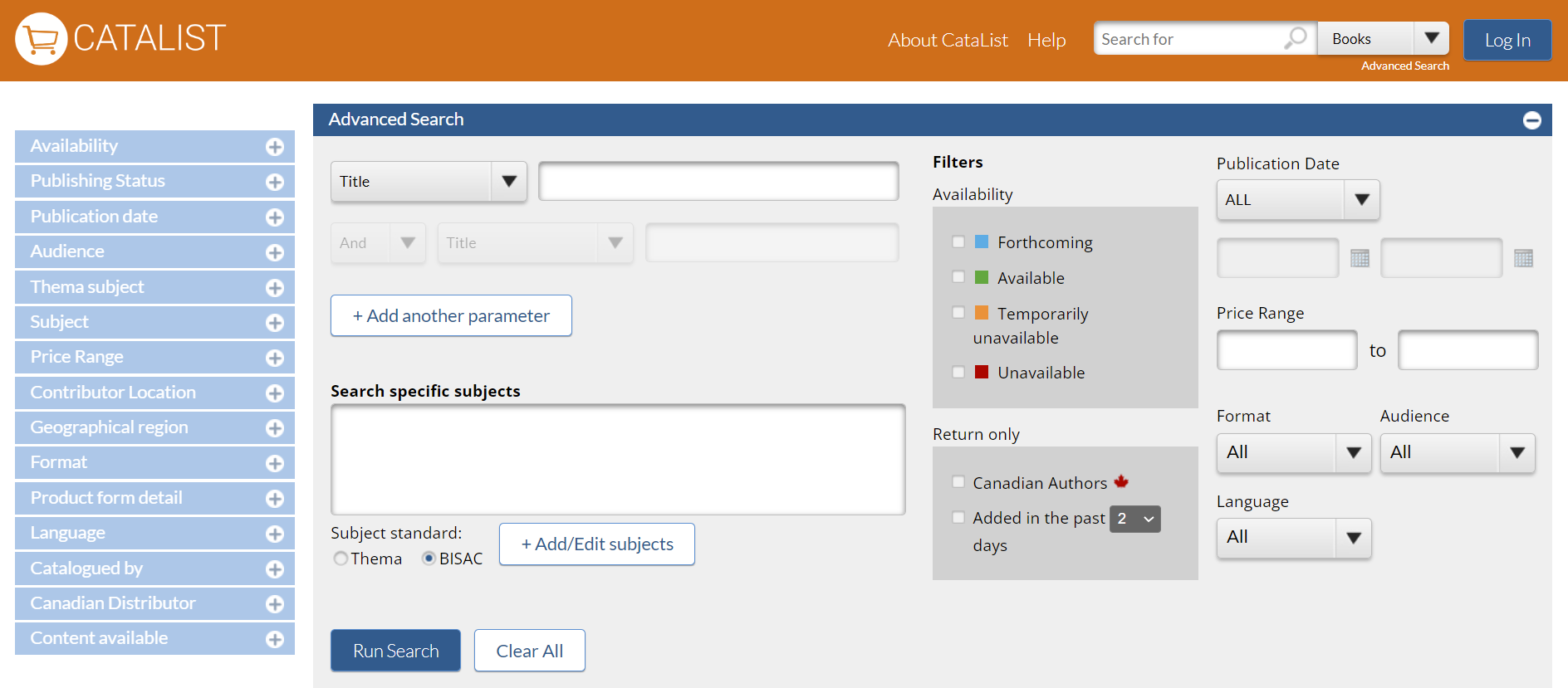 Screen capture of CataList’s Advanced Search panel