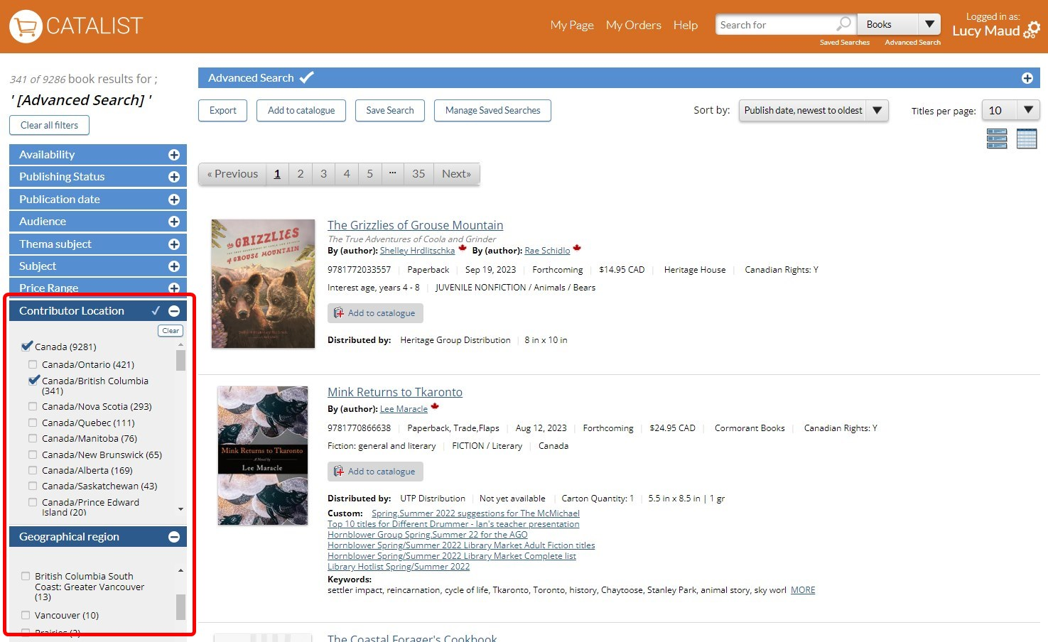 Screen capture of a CataList search results page highlighting the sidebar options: Contributor location and Geographical region.