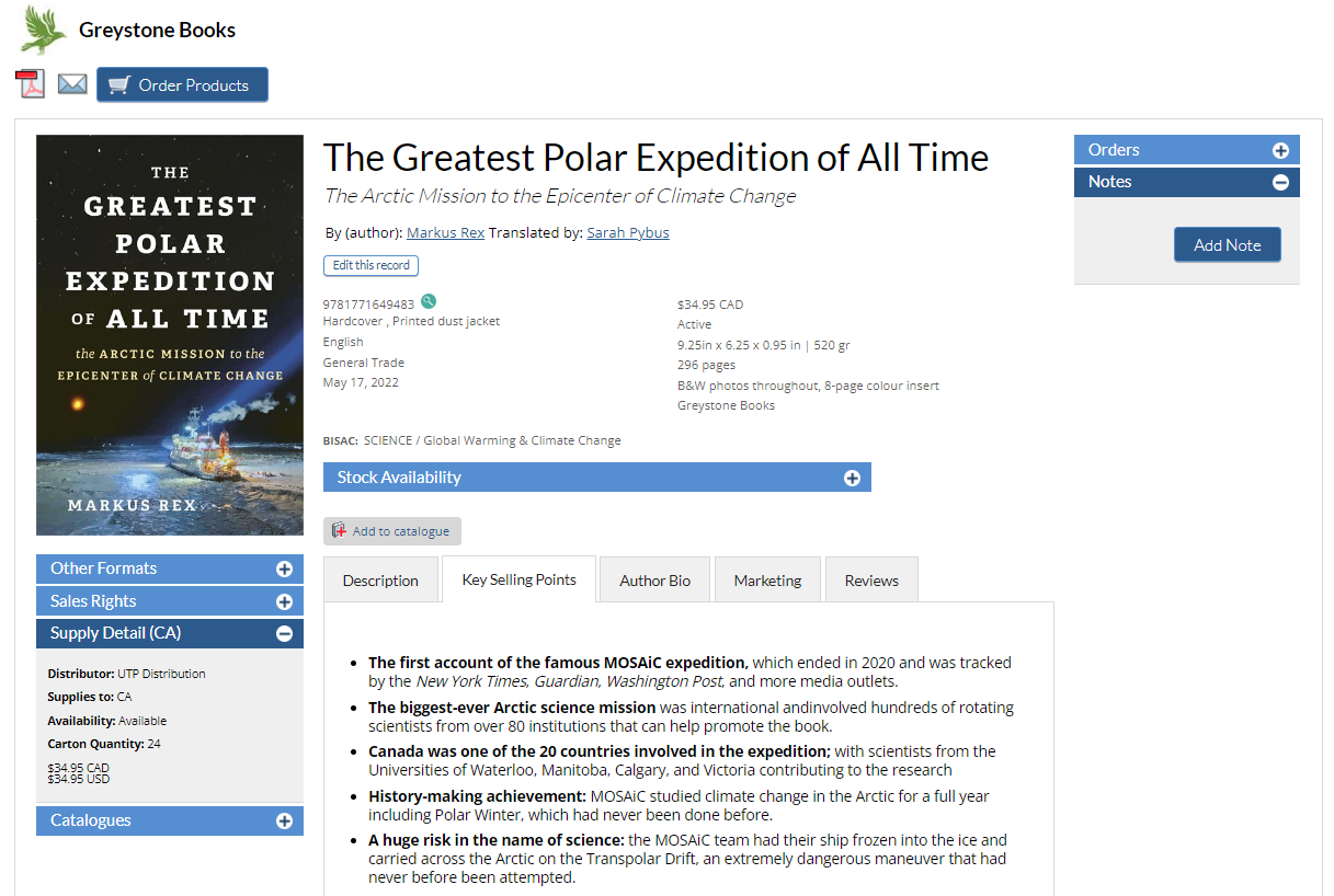 Screen capture of CataList showing the key selling points of The Greatest Polar Expedition of All Time by Markus Rex, translated by Sarah Pybus.