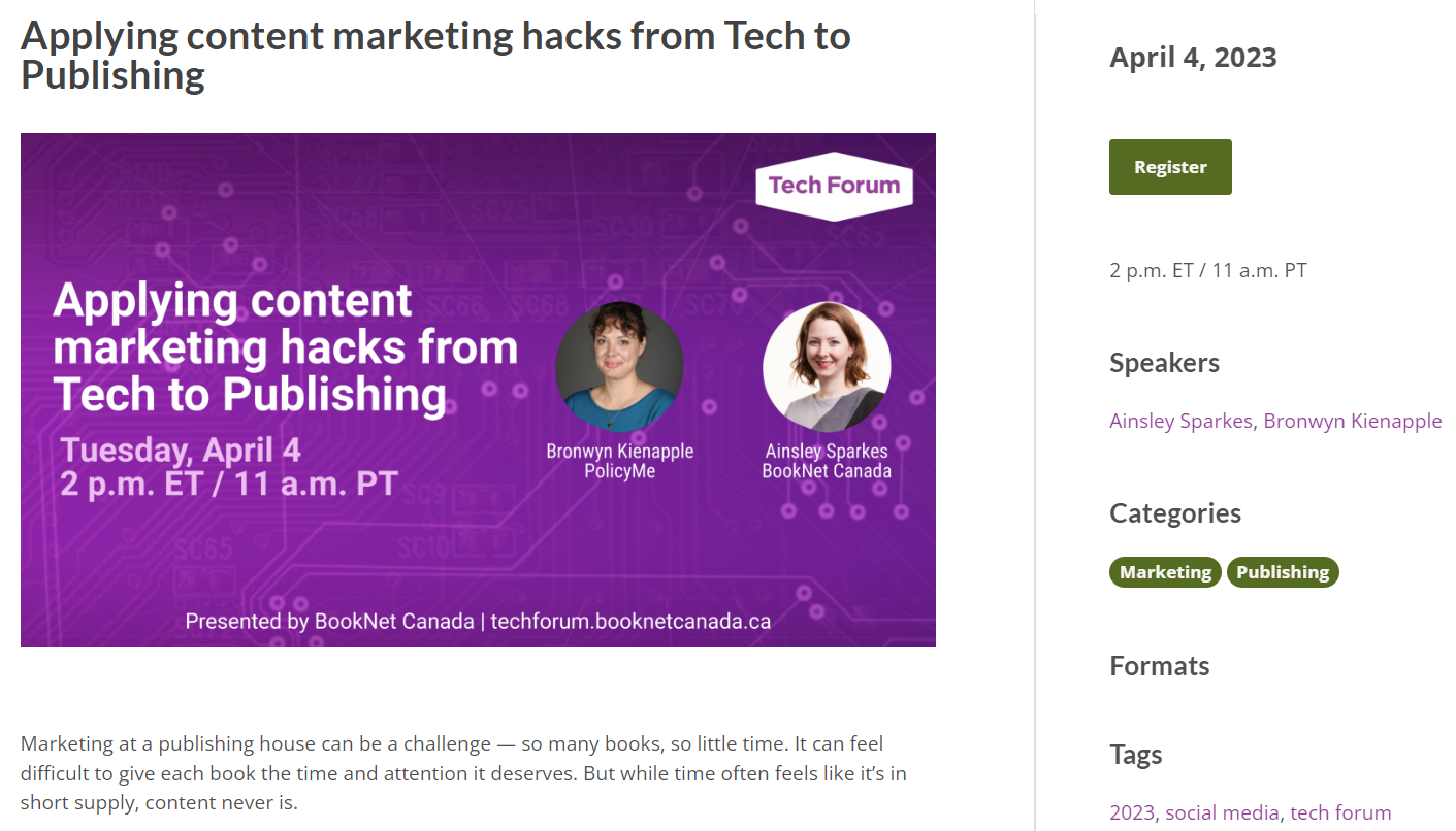 Screen capture of an upcoming session page from the new Tech Forum website