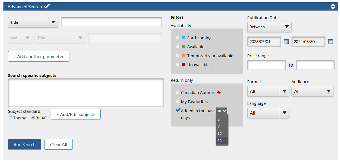 Screen capture of the CataList Advanced Search tool