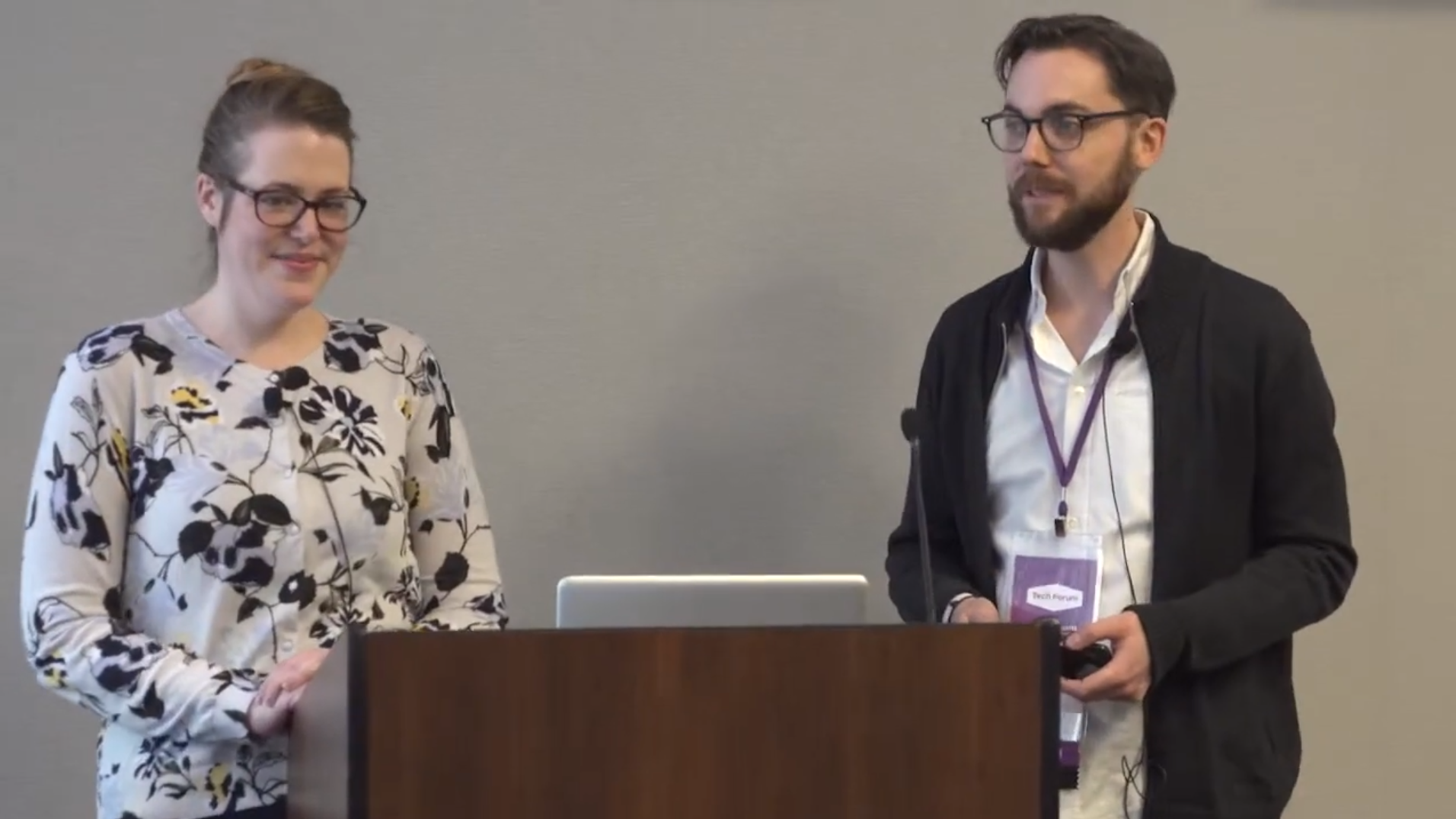 Brendan Ouellette and Jessica Albert speaking at a 2019 Tech Forum event.