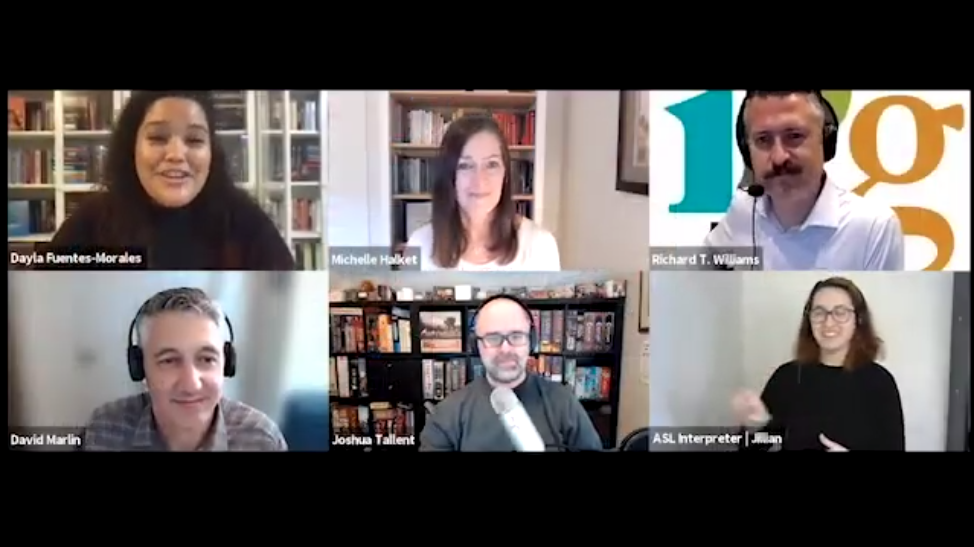 Screen capture of the presentation recording showing five presenters and an ASL interpreter