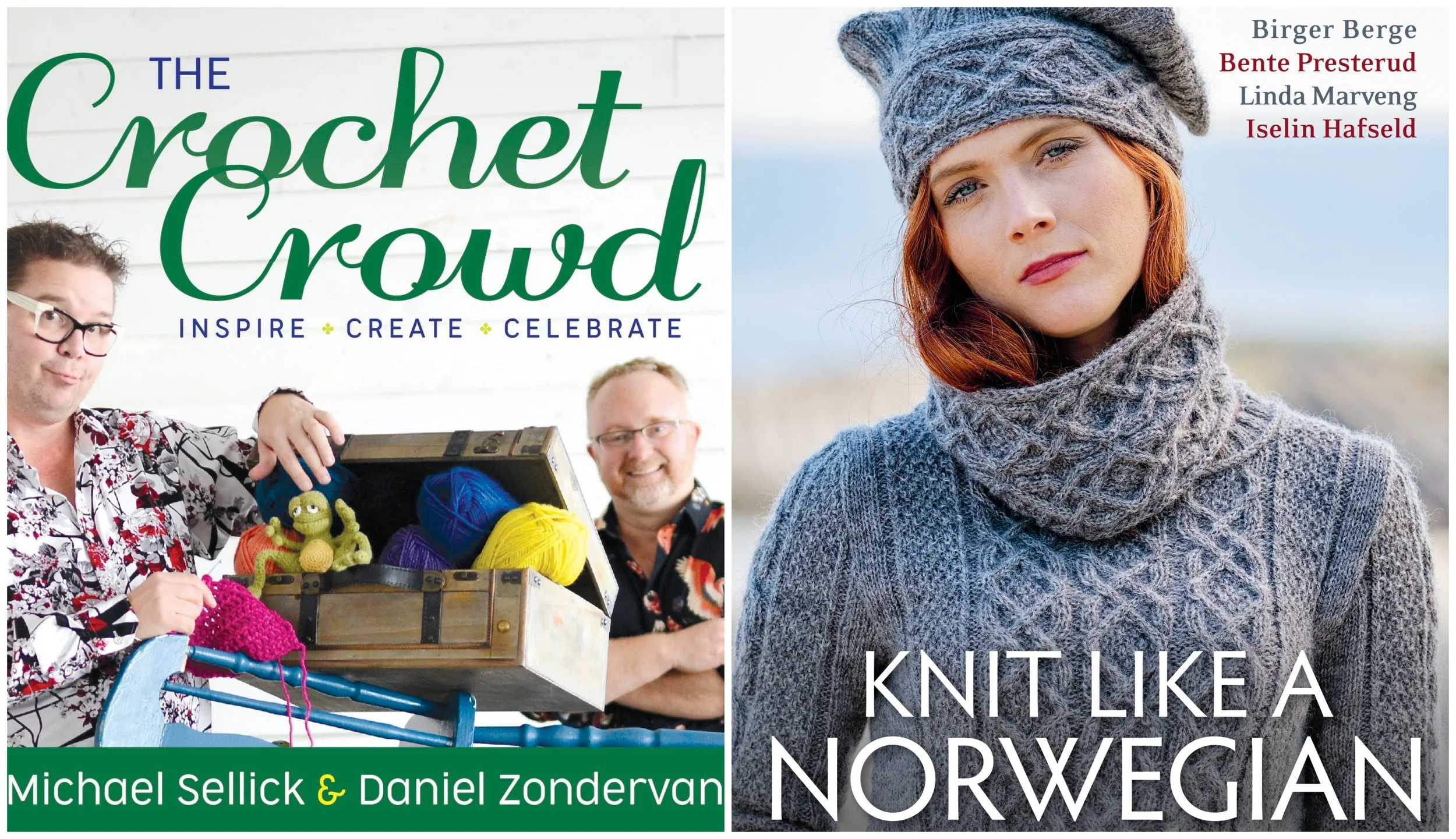 Book covers for The Crochet Crowd by Michael Sellick and Daniel Zondervan and Knit Like A Norwegian by Carlos Zachrison et al