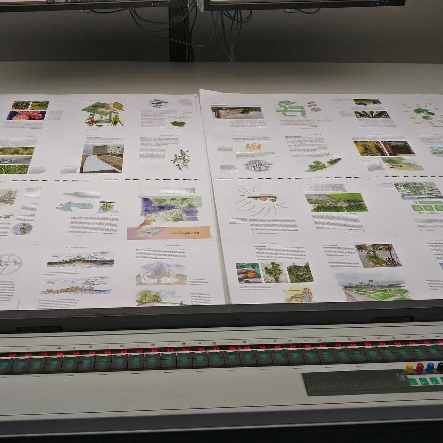 An image of The Edible Ecosystem Solution  by Zach Locks. It's a full colour book printed with vegetable based inks on 100% post consumer recycled paper stock on the press at  Friesens printing company. 