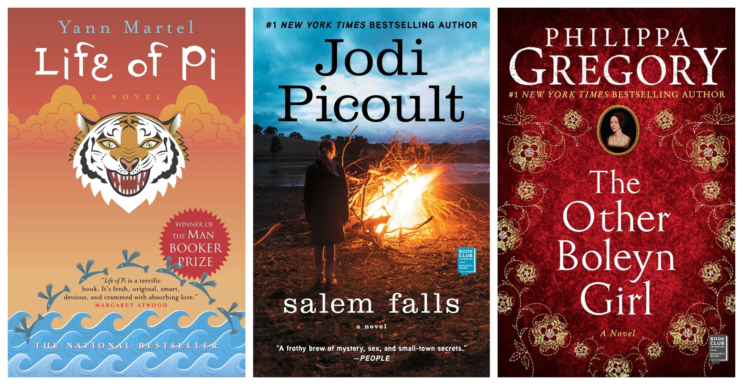 Collage of covers of Life of Pi by Yann Martel, Salem Falls by Jodi Picoult, and The Other Boleyn Girl by Philippa Gregory