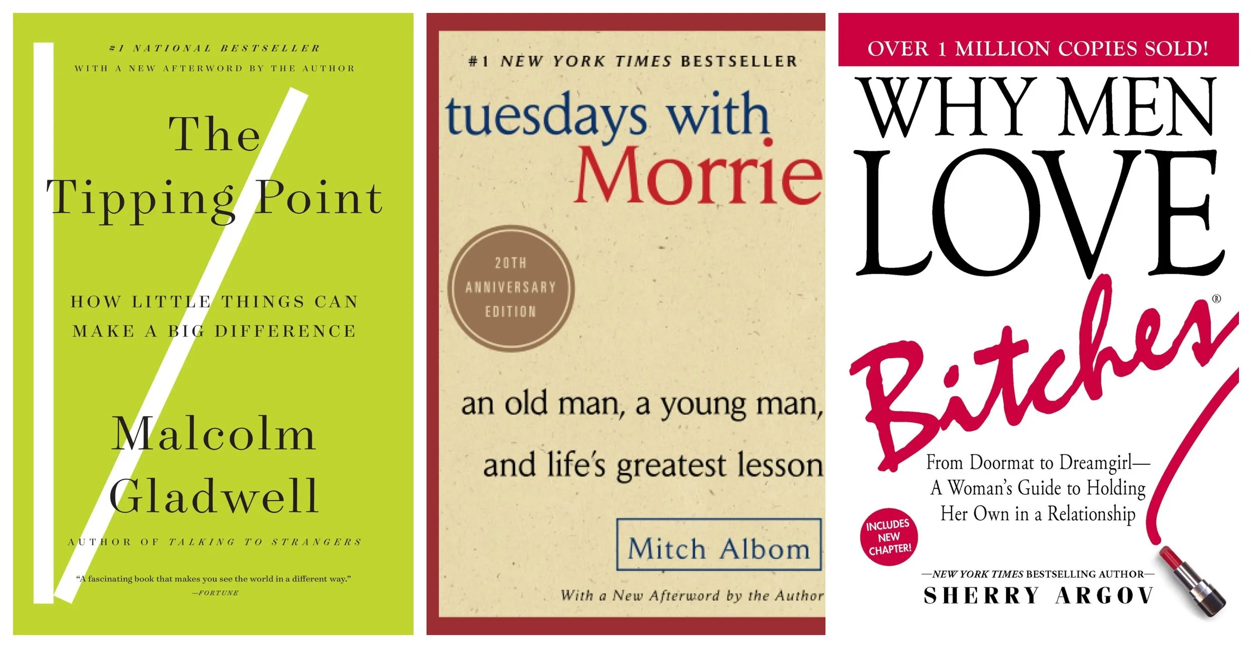Collage of covers of The Tipping Point by Malcolm Gladwell, Tuesdays with Morrie by Mitch Albom, and Why Men Love Bitches by Sherry Argov