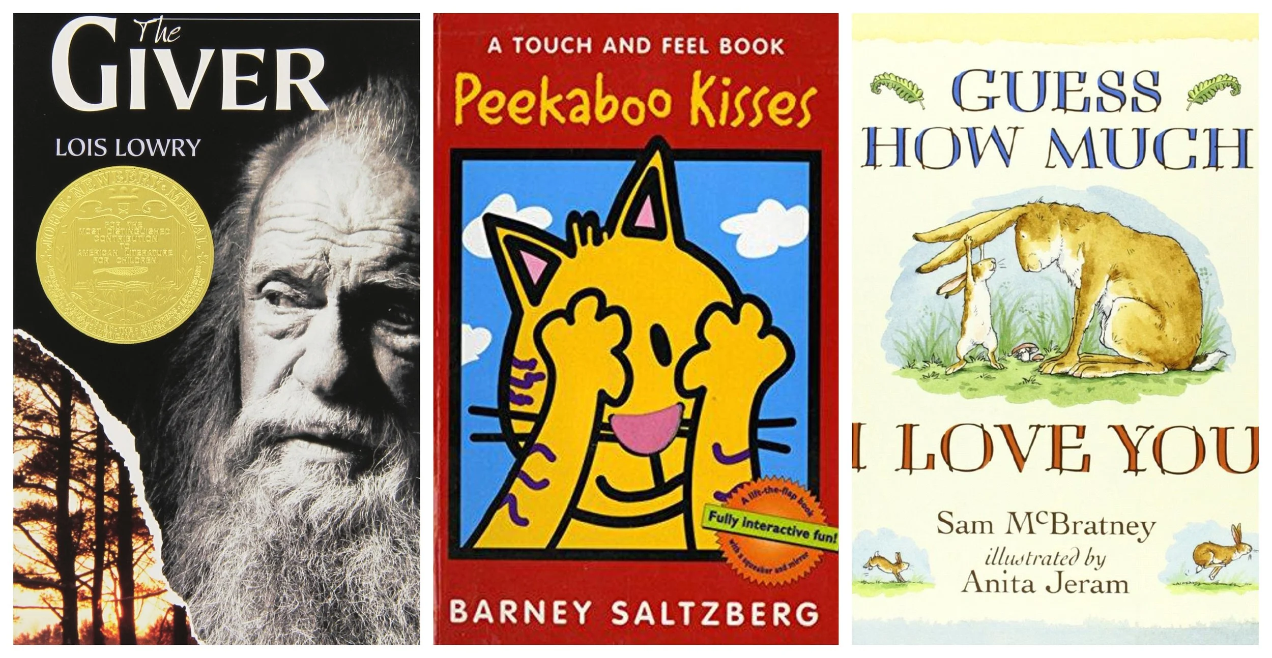 Collage of covers of The Giver by Lois Lowry, Peekaboo Kisses by Barney Saltzberg, and Guess How Much I Love You by Sam McBratney, illus. by Anita Jeram