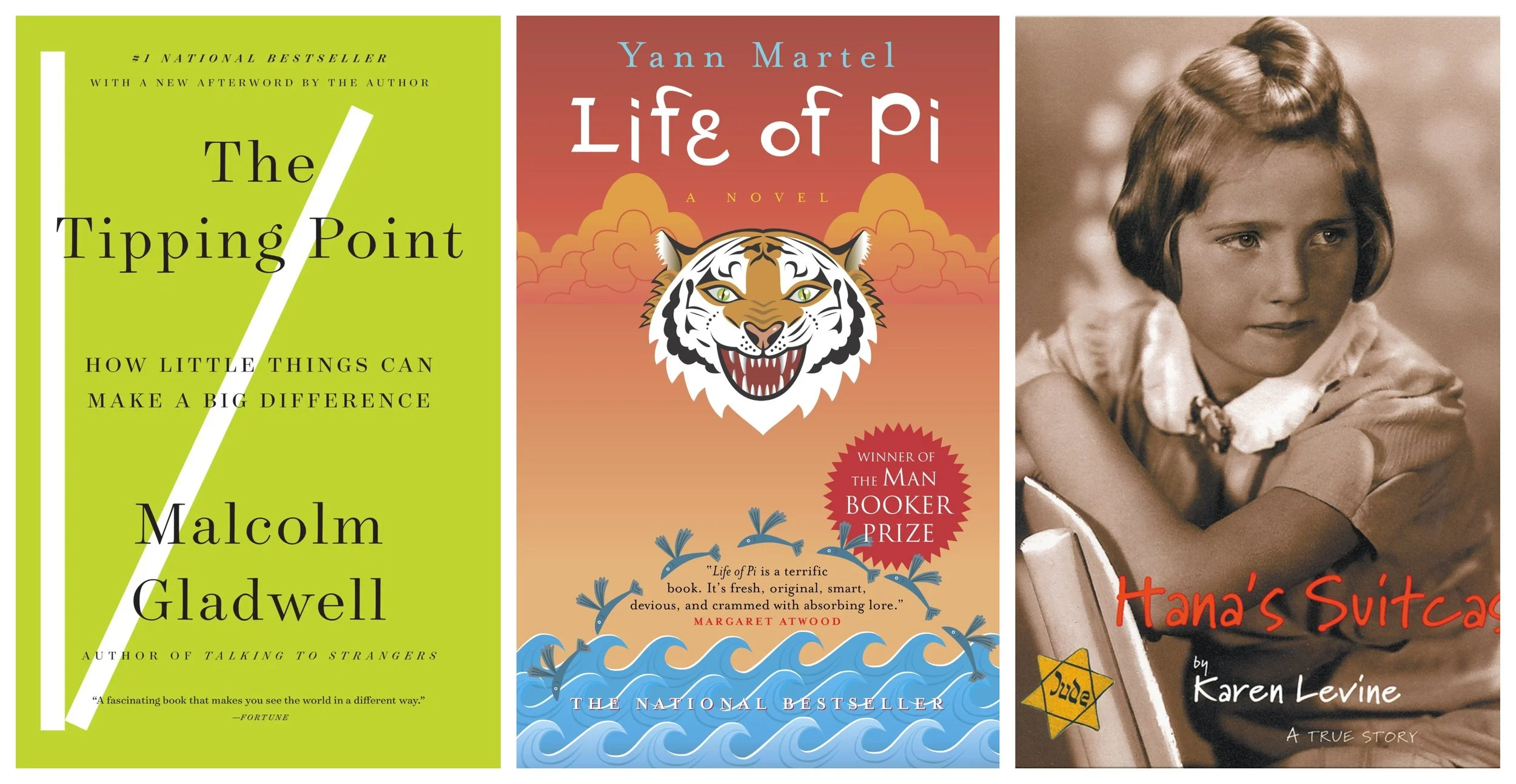 Collage of covers of The Tipping Point by Malcolm Gladwell, Life of Pi by Yann Martel, and Hana’s Suitcase by Karen Levine