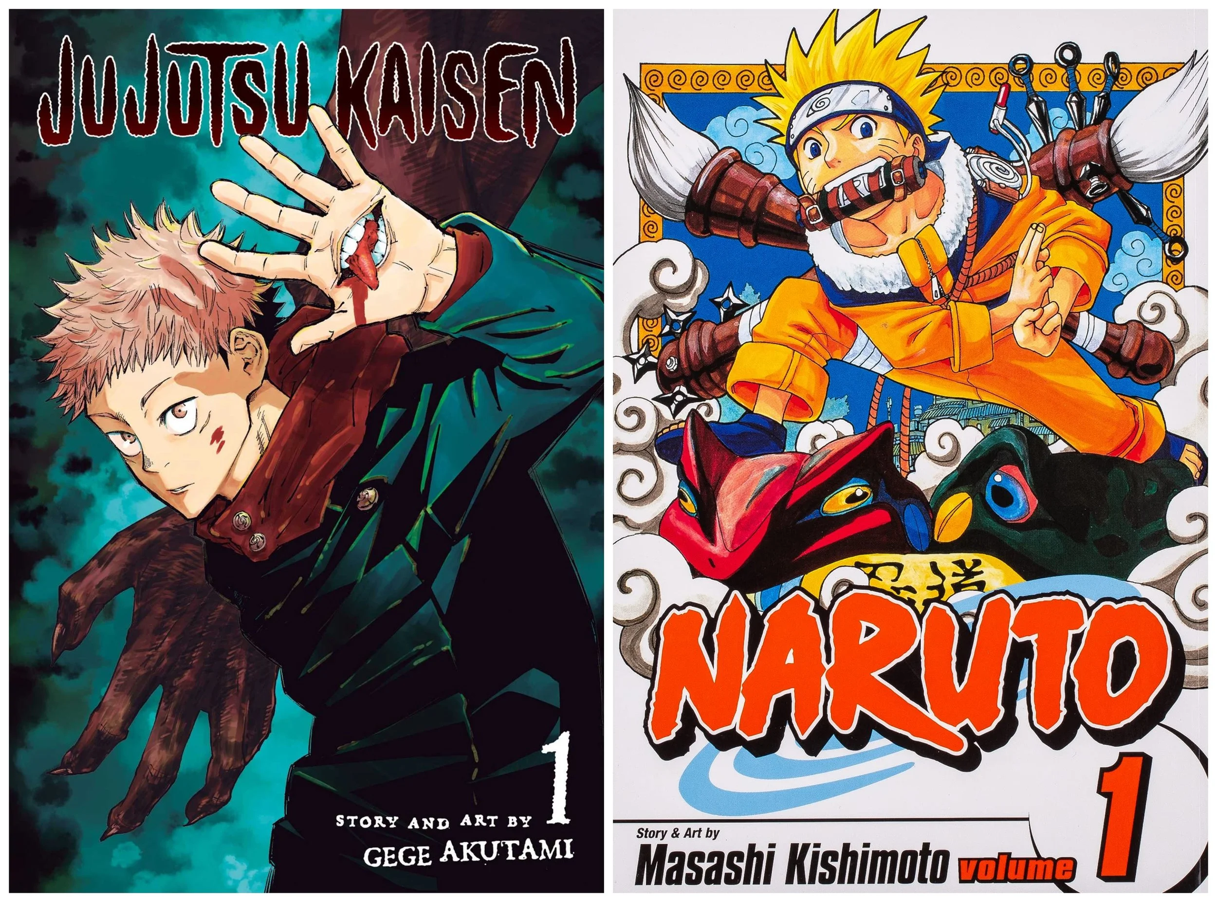 Book covers of Jujutsu Kaisen, Vol. 1 by Gege Akutami and Naruto, Vol. 1 by Masashi Kishimoto.
